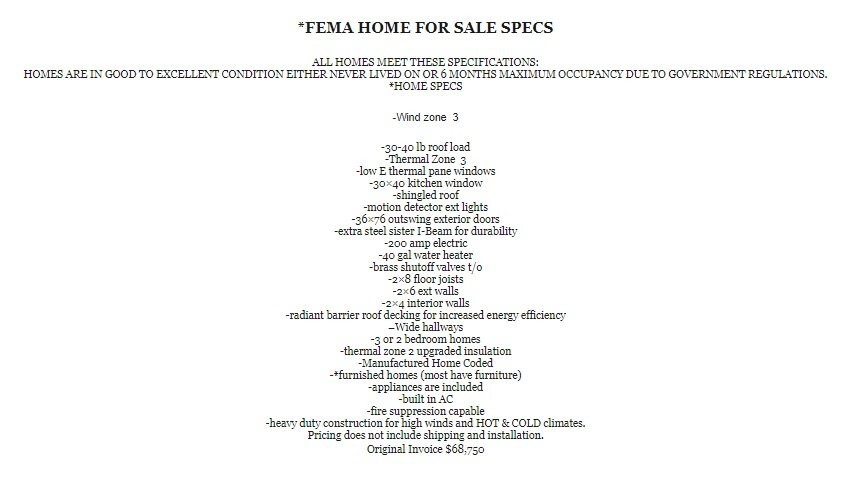 2018 FEMA Mobile Home 1BR/1BA 8×48 WZ3- HVAC-SHIP ALL SOUTHEAST STATES