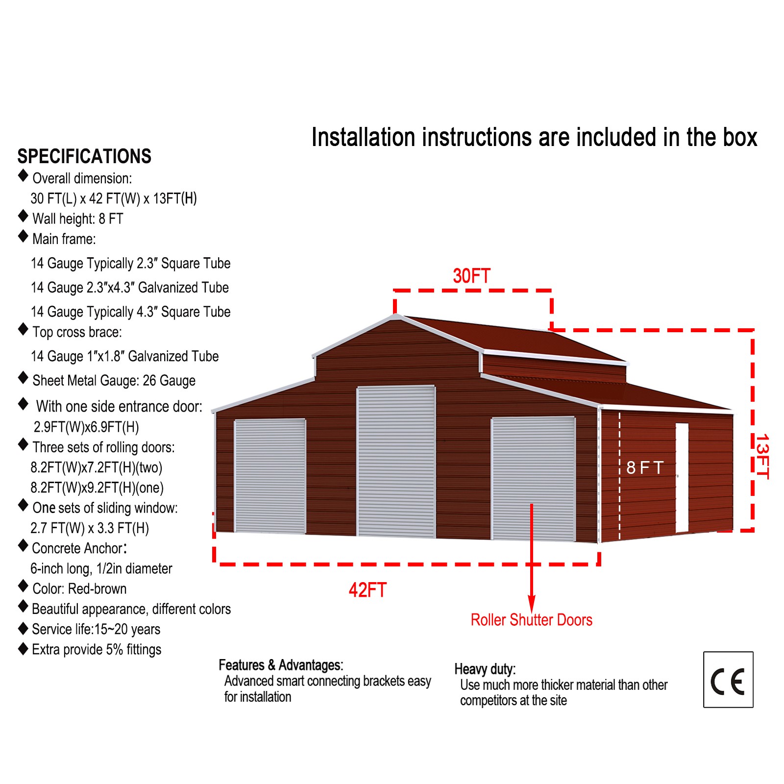 42x30FT Metal Garage Outdoor Storage Shed Heavy Duty Galvanized Steel Barn Farm