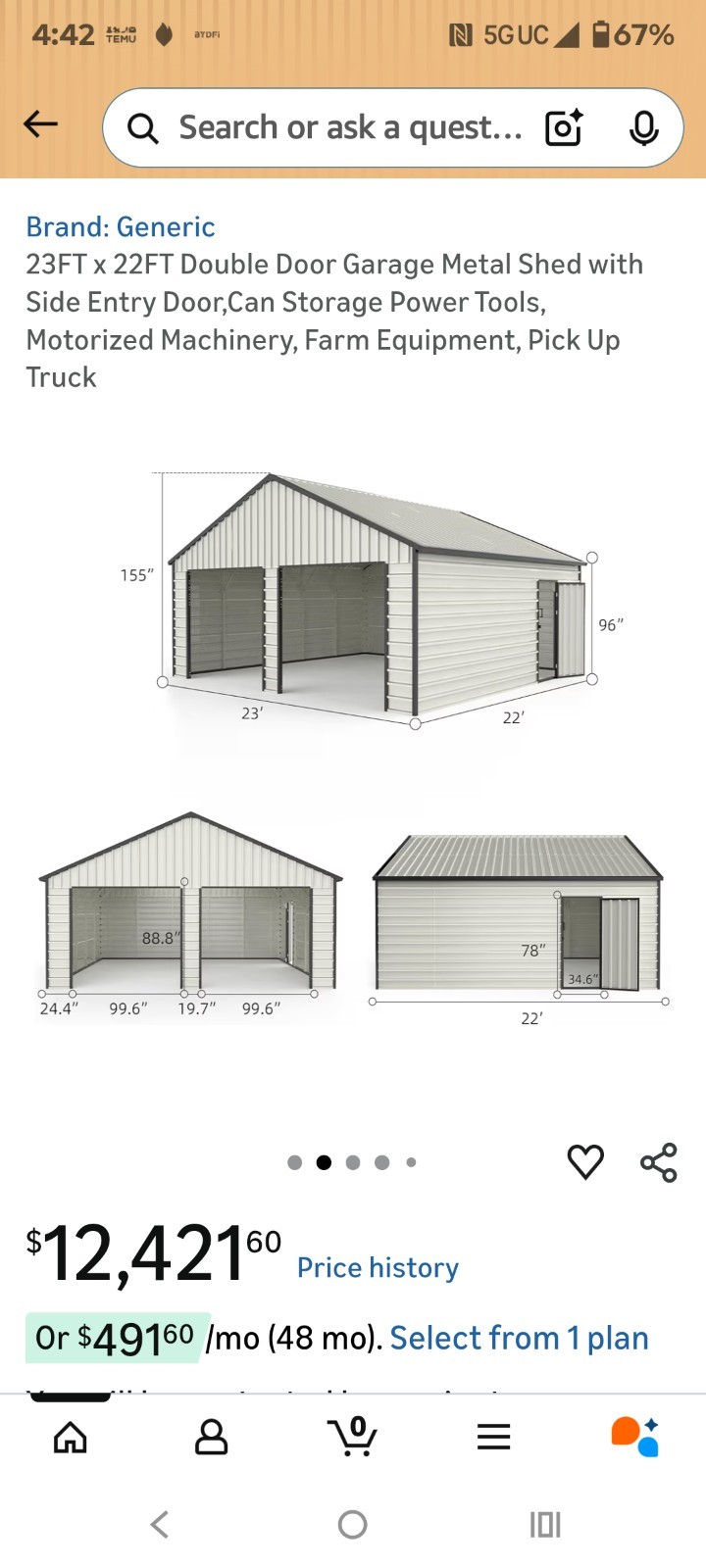 22′ x 23′ x 13′ Metal Car Garage/Outdoor Storage Shed Galvanized Steel Barn