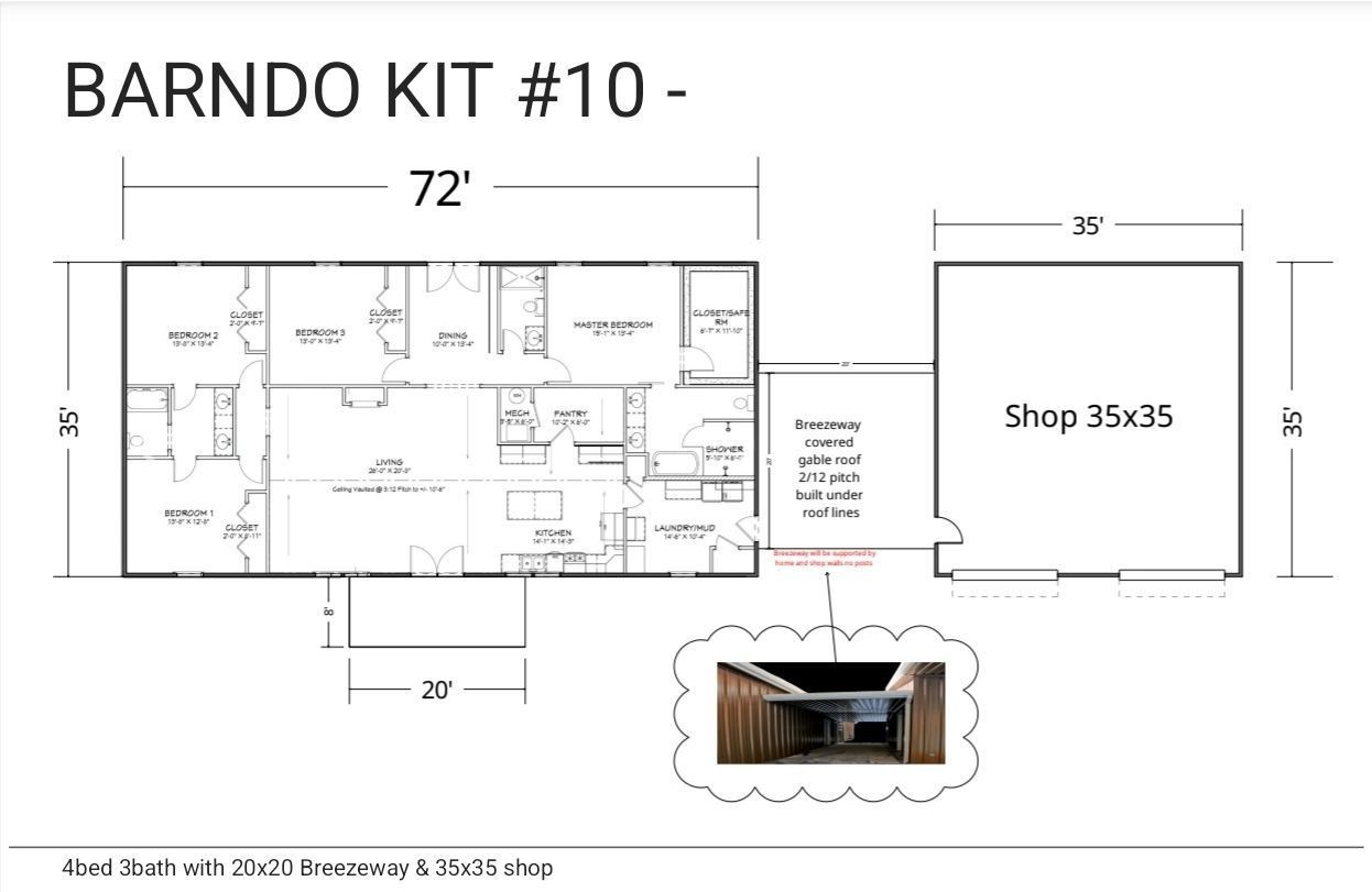 HOUSE KIT 4BED 3BATH 35×72 WITH Interior Framing & 35×35 Shop Wth Breezeway