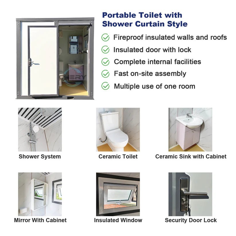 Chery Private Toilet Stalls w/ Shower Curtain Mobile Toilet Portable Restrooms