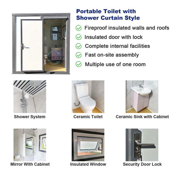 86″x64.6″x93″ Portable Toilet w/ Shower Curtain Restroom Bathroom Mobile Toilet