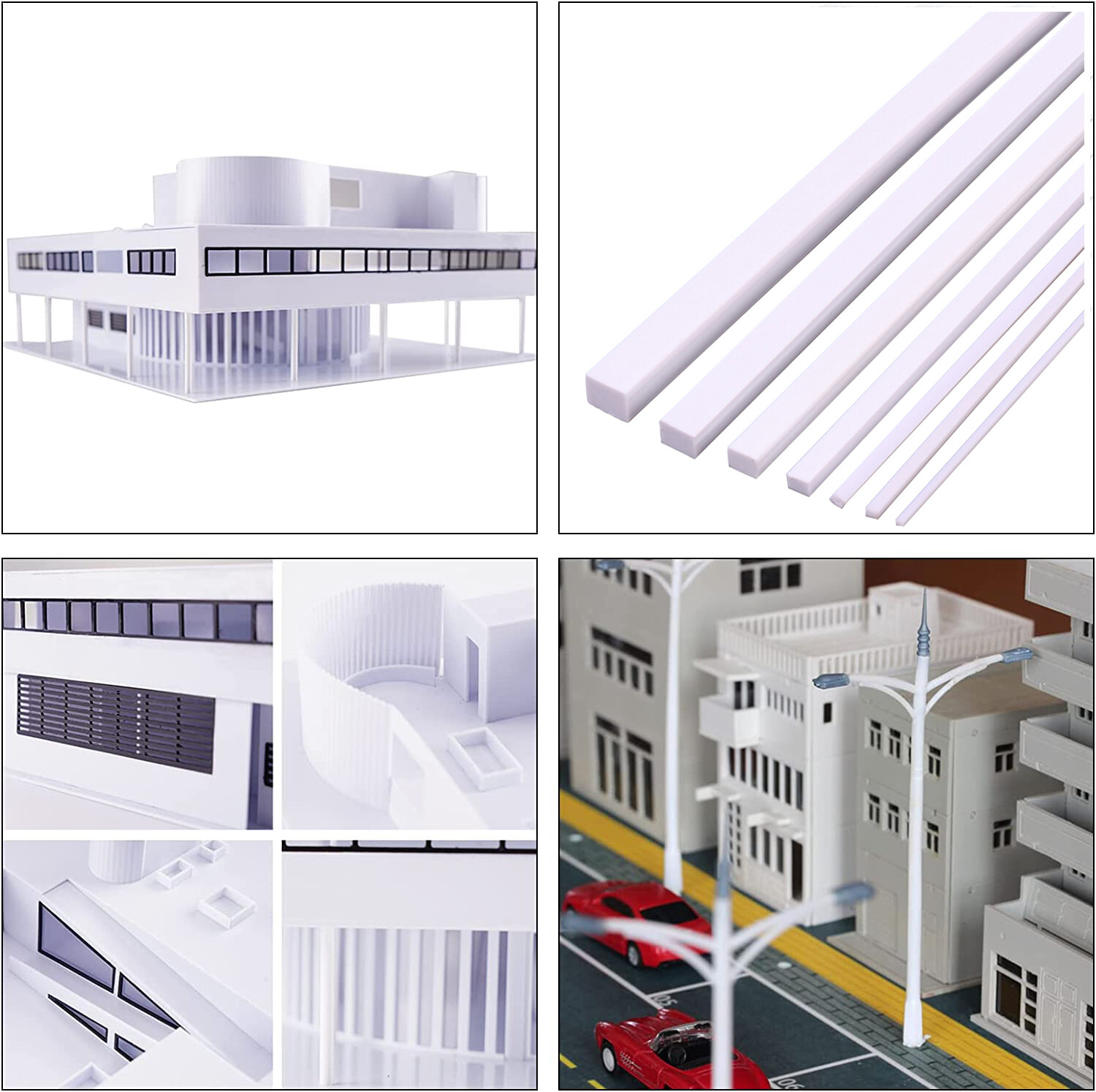 250mm White ABS Styrene Plastic Strip Tube Bar Rods Square Rod 0.5mm-10mm