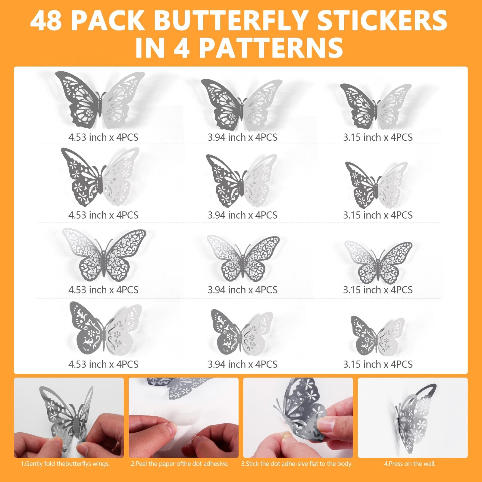 Crosize 48 Pcs Silver Butterfly Decorations, 4 Styles 3 Sizes, Wall Decor, 3D…