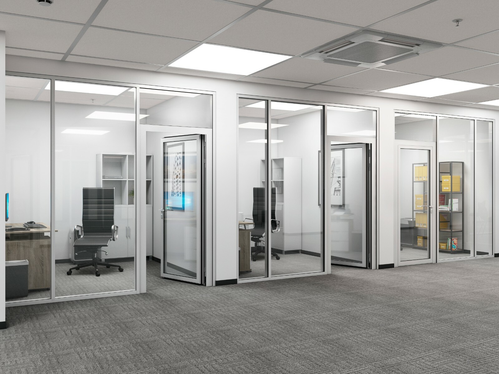 CGP Office Partition System, Glass Aluminum Wall 13′ x 9′ w/ Door Clear Anodized