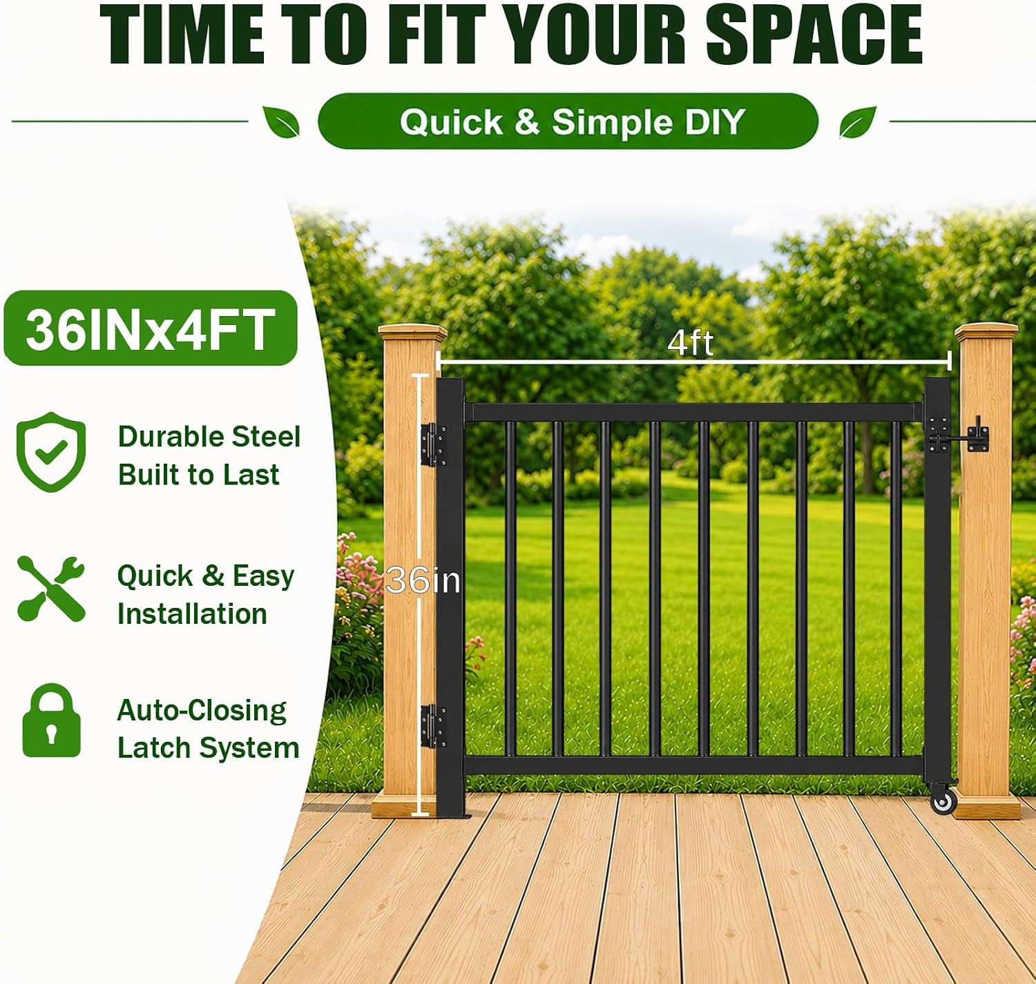 Deck Gate with Wheels, 36In. H X 4Ft. W Black Heavy Duty Steel Anti-Rust Fence D