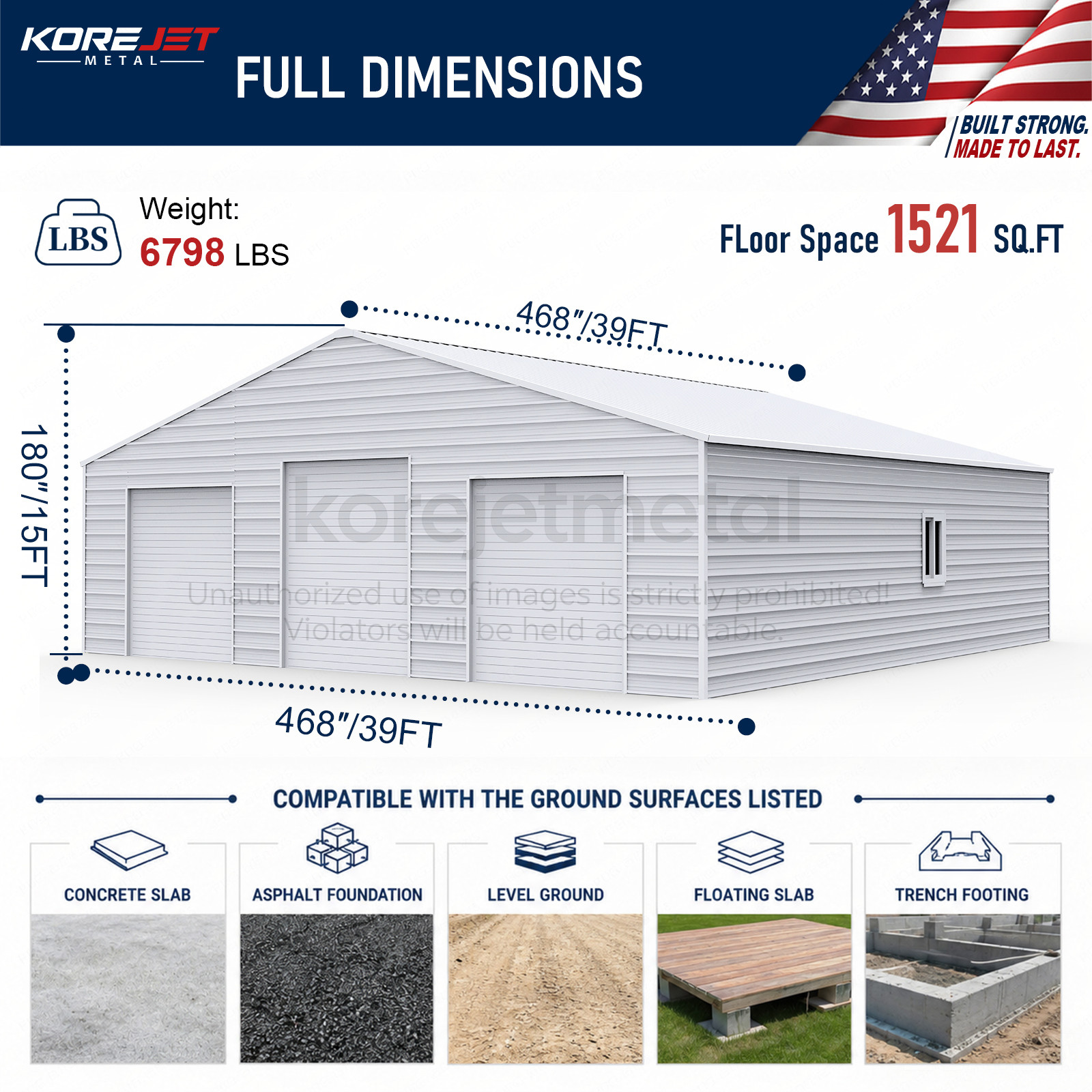 39x39FT White Heavy Duty Metal Barn Steel Building 3 Rolling Doors Korejetmetal