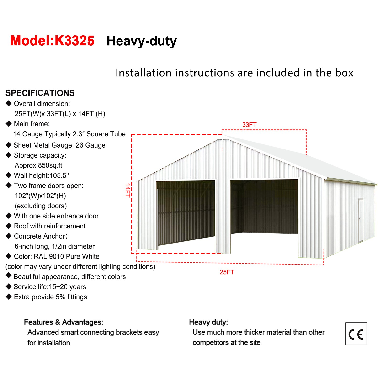 33x25FT Galvanized Steel Garage Barn w Dual Doors