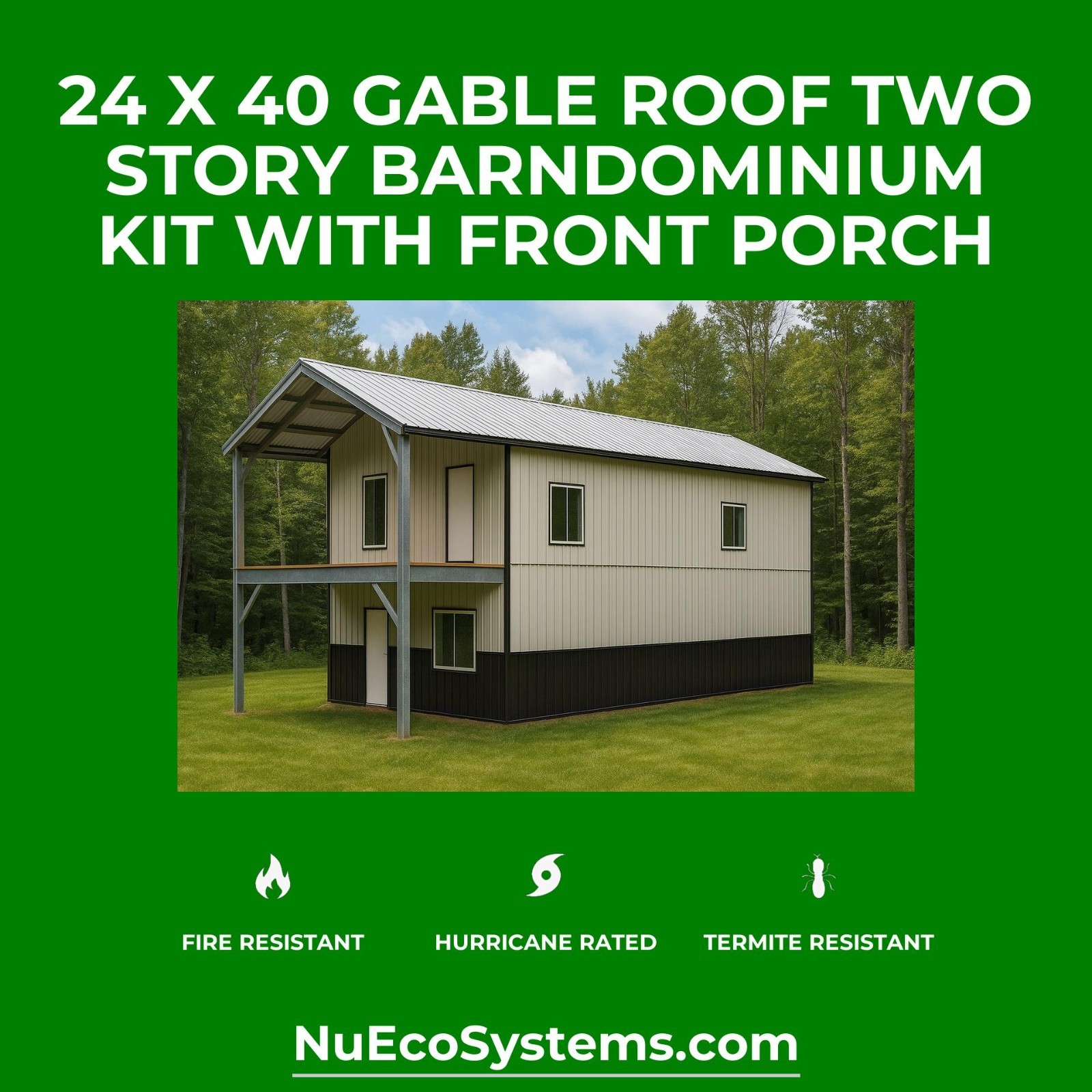 Fire & Hurricane Resistant Barndominium Home Kit with Covered Porches