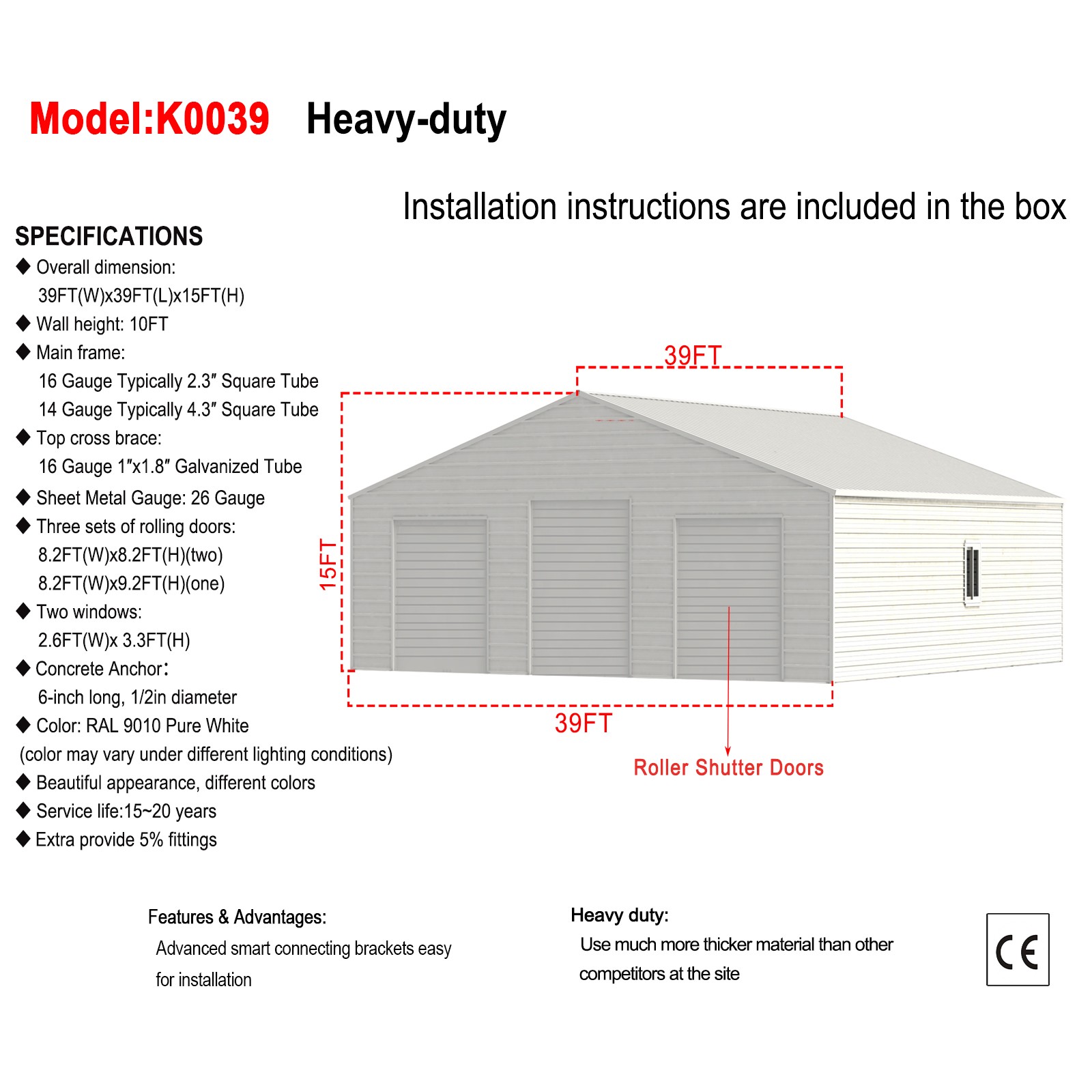 39x39ft Heavy-Duty Steel Barn with 3 Rolling Doors