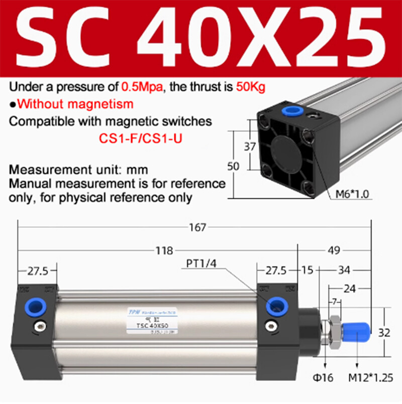 SC40mm Bore 25~200 Stroke Single Piston Rod Double Action Pneumatic Air Cylinder