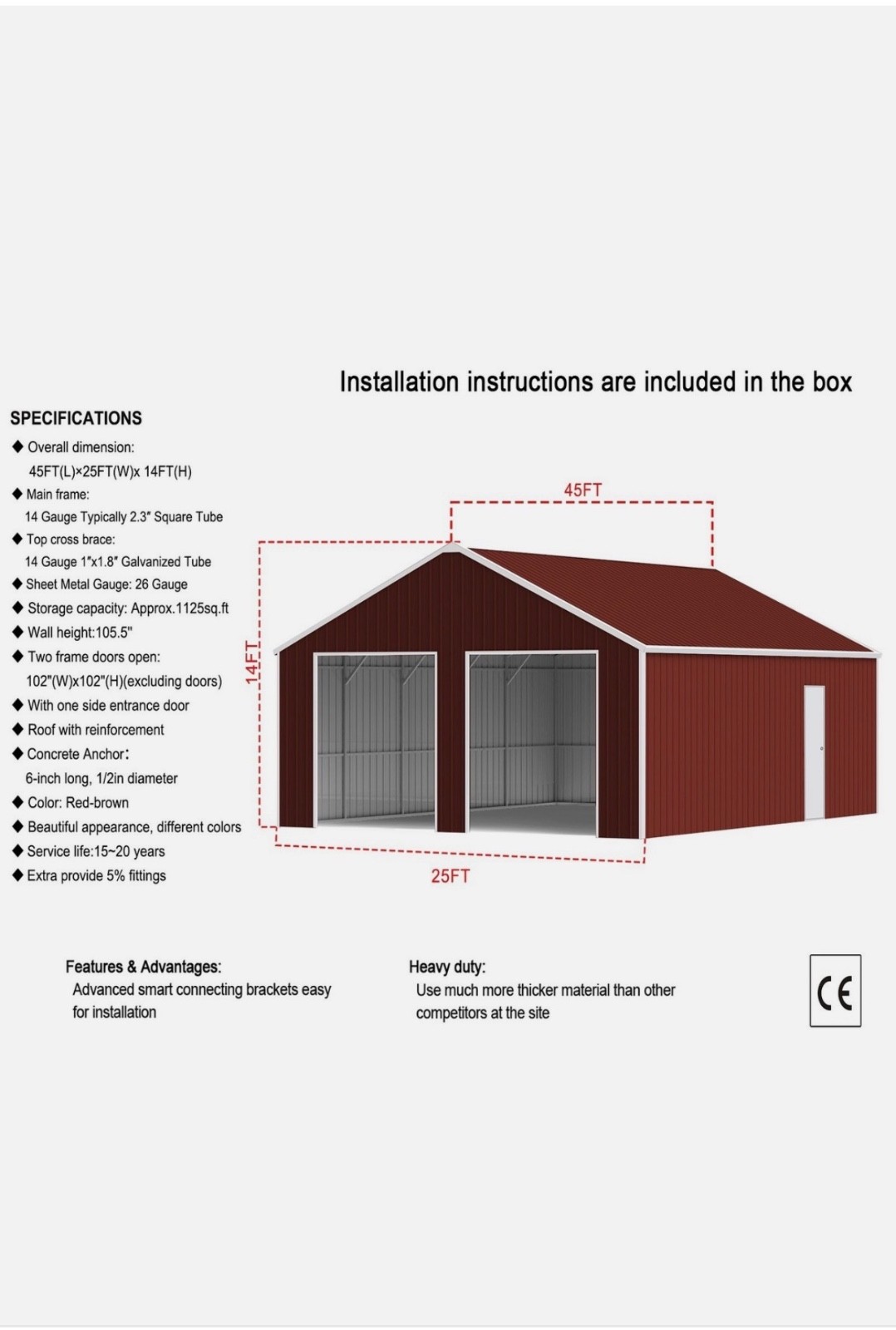 45′ x 25′ x Metal Car Garage/Outdoor Storage Shed Galvanized Steel Barn Dark-Red