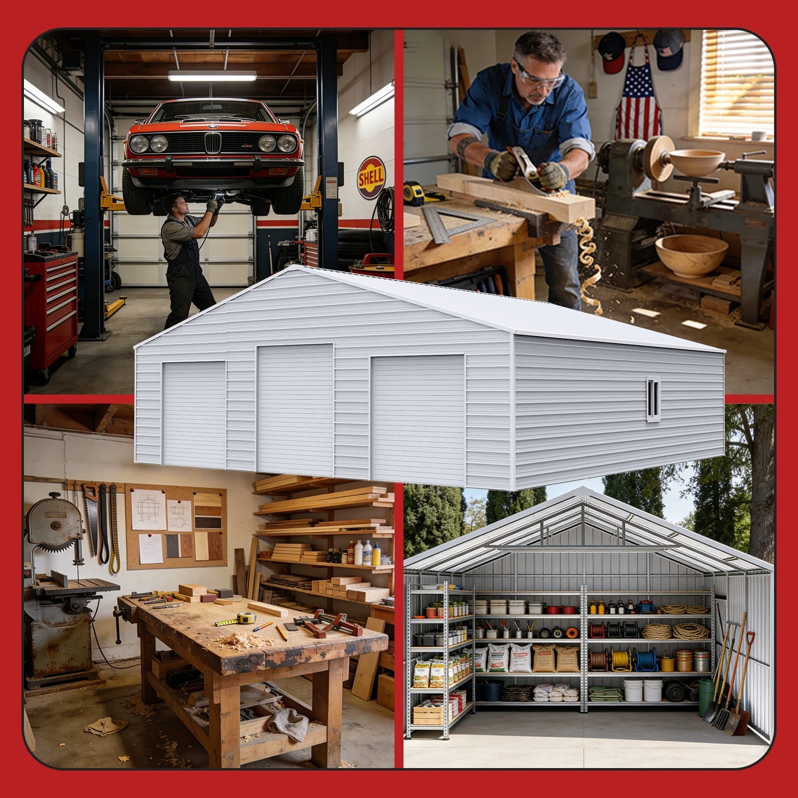 39x39x15 Metal Barn Garage Steel Building Workshop with 3 Doors Galvanized White
