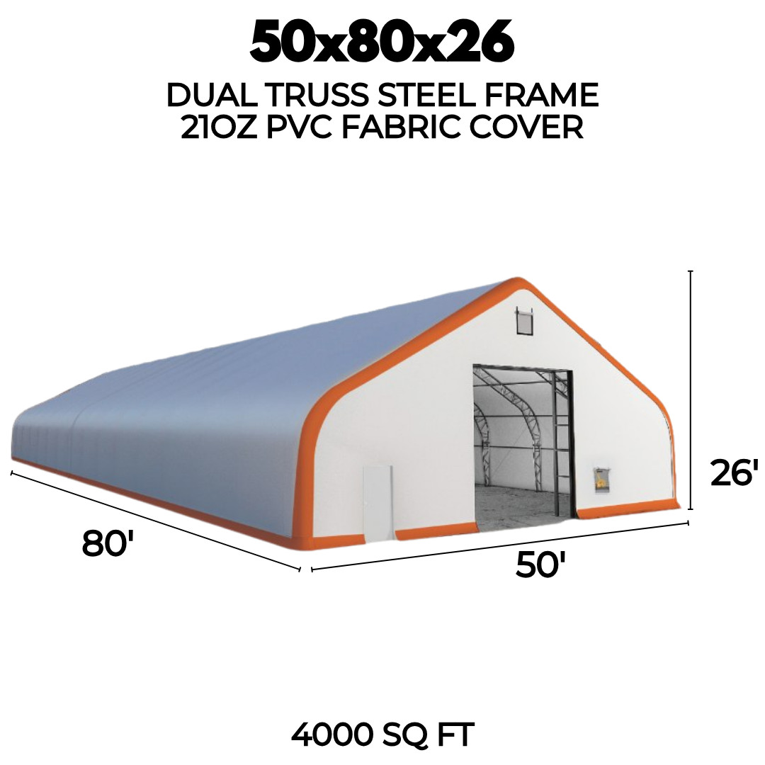 50x80x26 DUAL TRUSS *21oz PVC* Canvas Fabric Storage Building Shelter Barn Shop