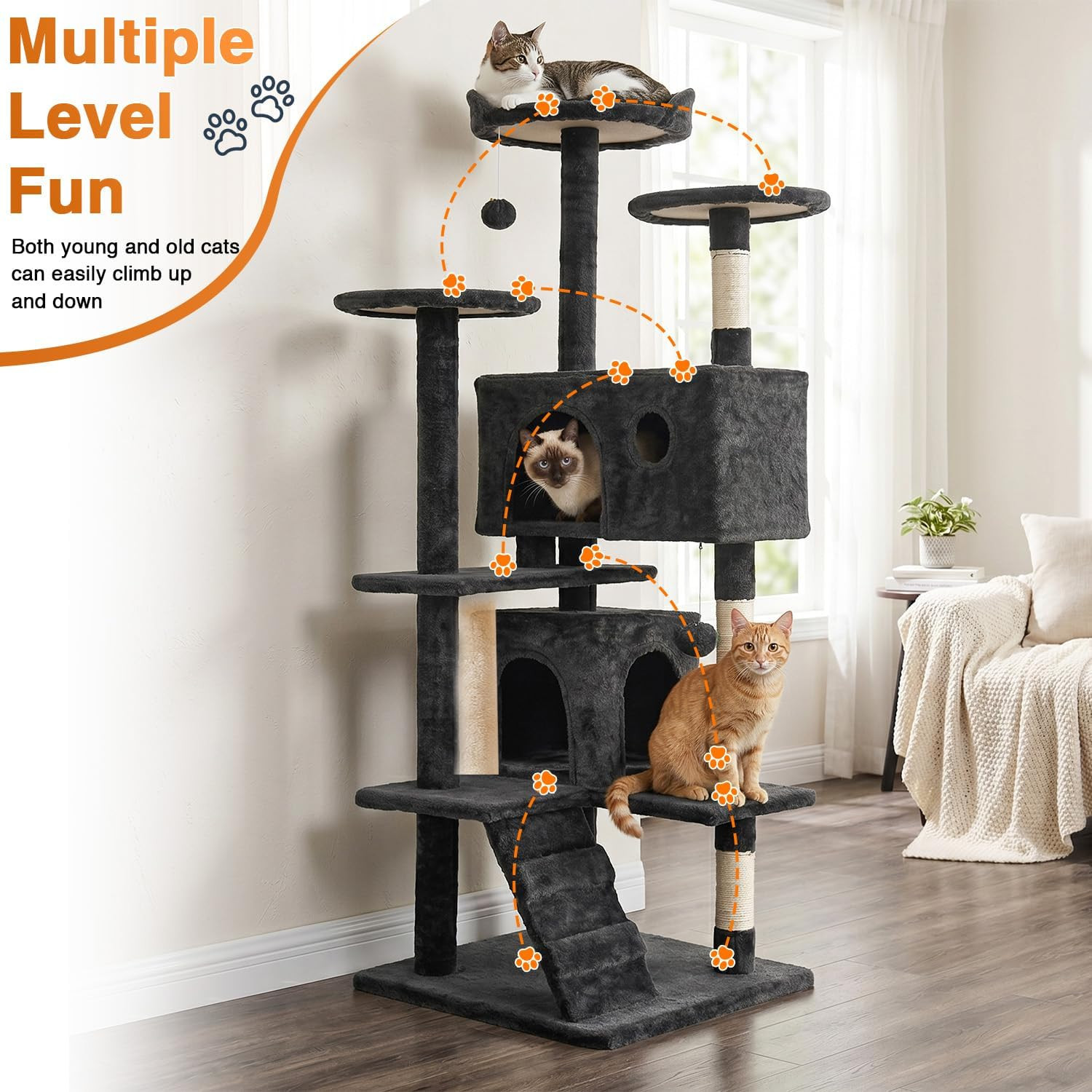 | 54″ Cat Tree Tower | Dark Gray | Multi-Level Indoor Activity Center with Sisal