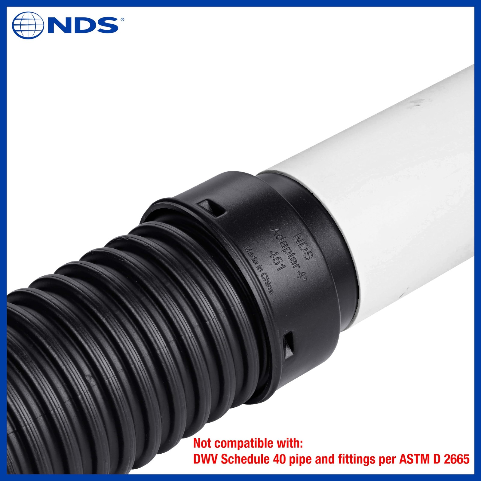 NDS 451 HDPE Corrugated Adapter, 4-Inch, for Spigot X 4 inch 4 Inch, Black
