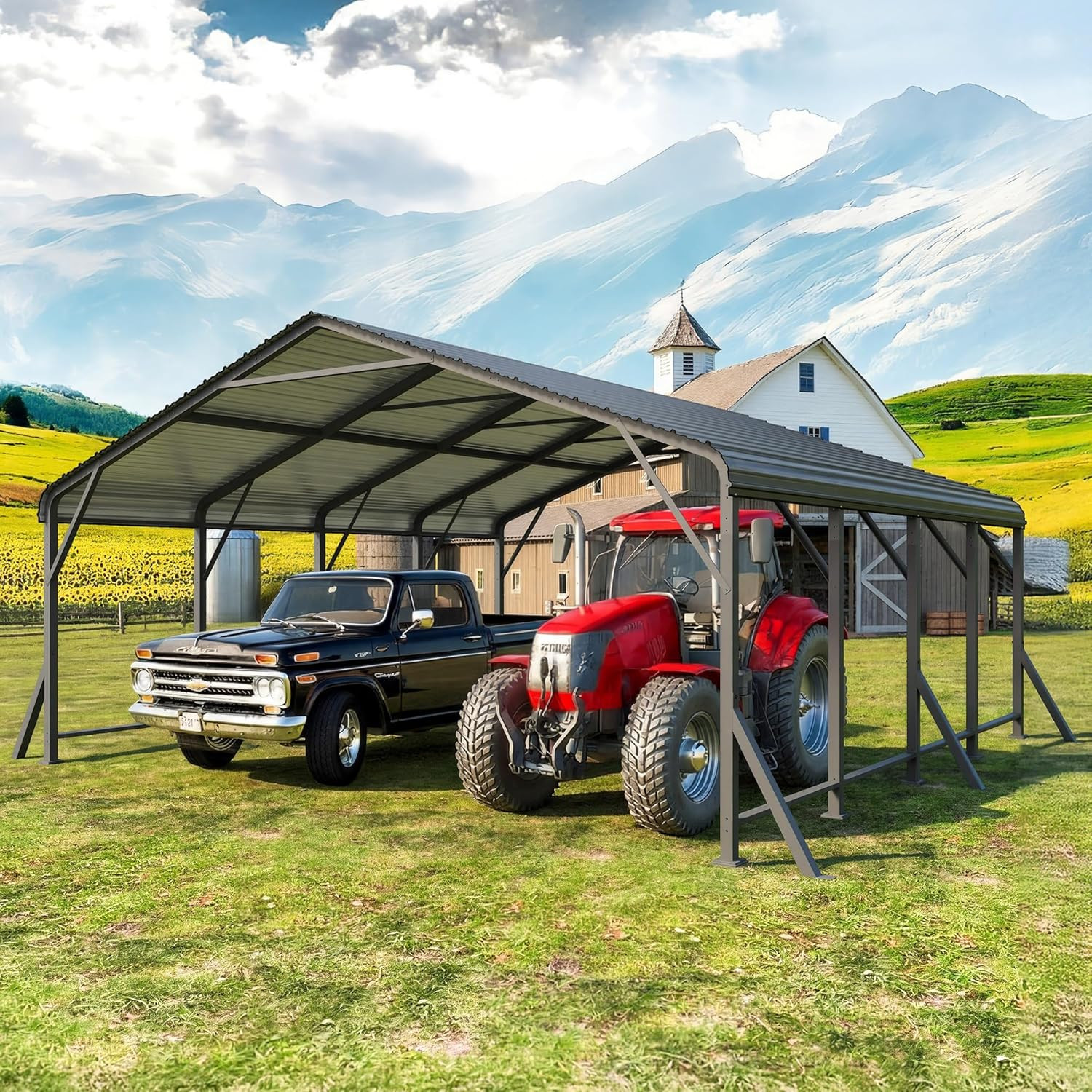 20’X20′ Metal Carport with Updated Roof & Enhanced Base, Heavy Duty Canopy Carpo