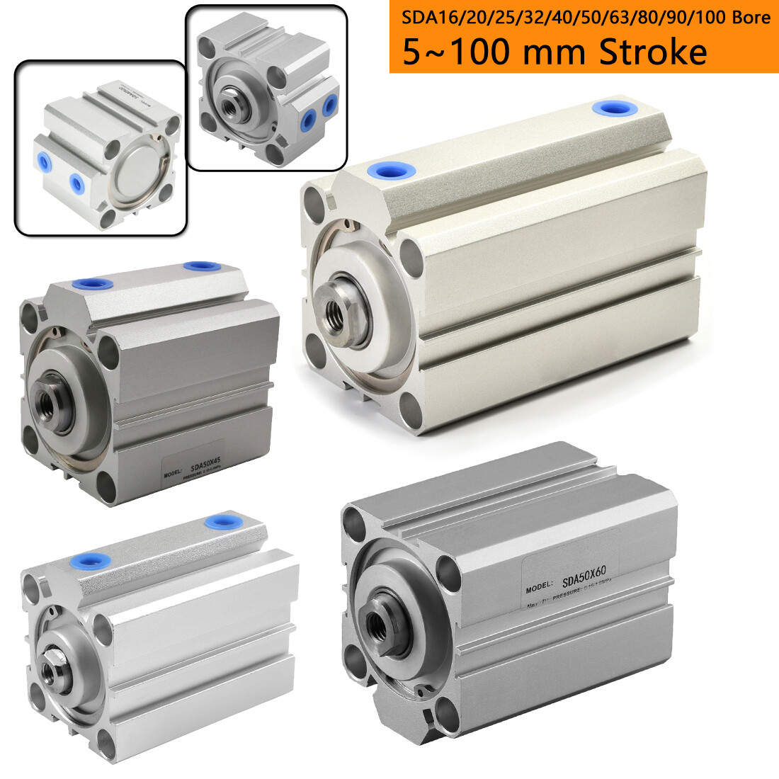 SDA16/20/25/32/40/50/63/80/90/100mm Bore Thin Pneumatic Compact Air Cylinder Lot
