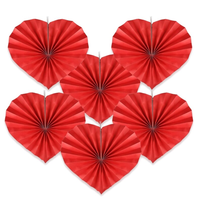 6pcs Heart Shaped Paper Fan for Party Decoration Decorative Folding Fan Ornament