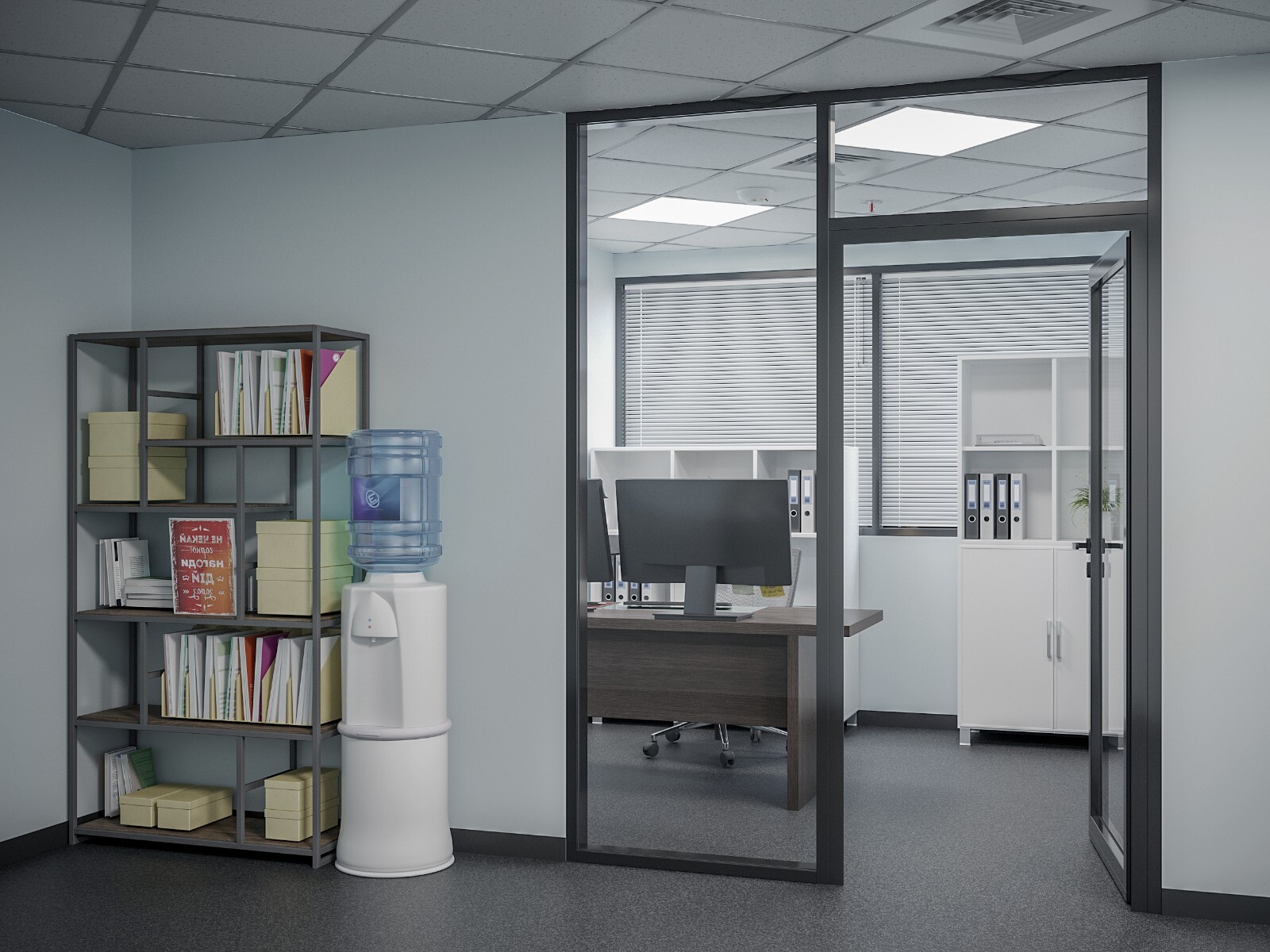 CGP Office Partition System, Glass Aluminum Wall 16′ x 9′ w/Door, Black Painted