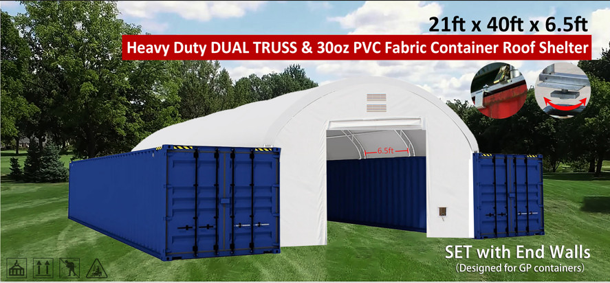 21’x40′ (30 oz PVC) Heavy Duty Dual Truss Shipping Container Shelter + END WALLS