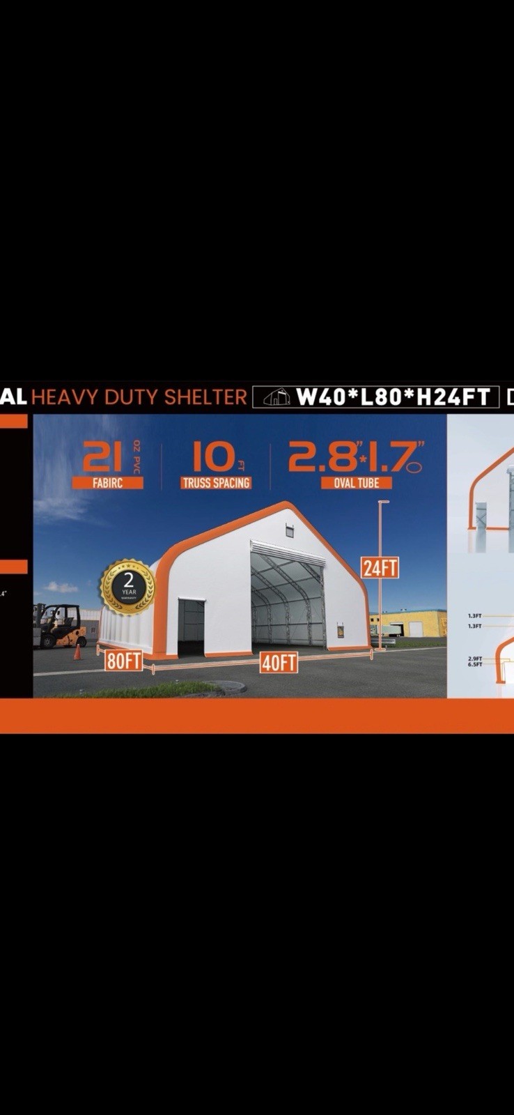40x80x24 DUAL TRUSS *21oz PVC* Canvas Fabric Storage Building Shelter Barn Shop