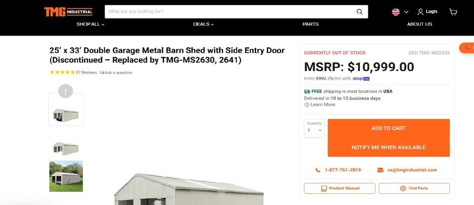 25×33′ Metal warehouse 2 car garage, mancave hot dipped galvanized shed in CRATE