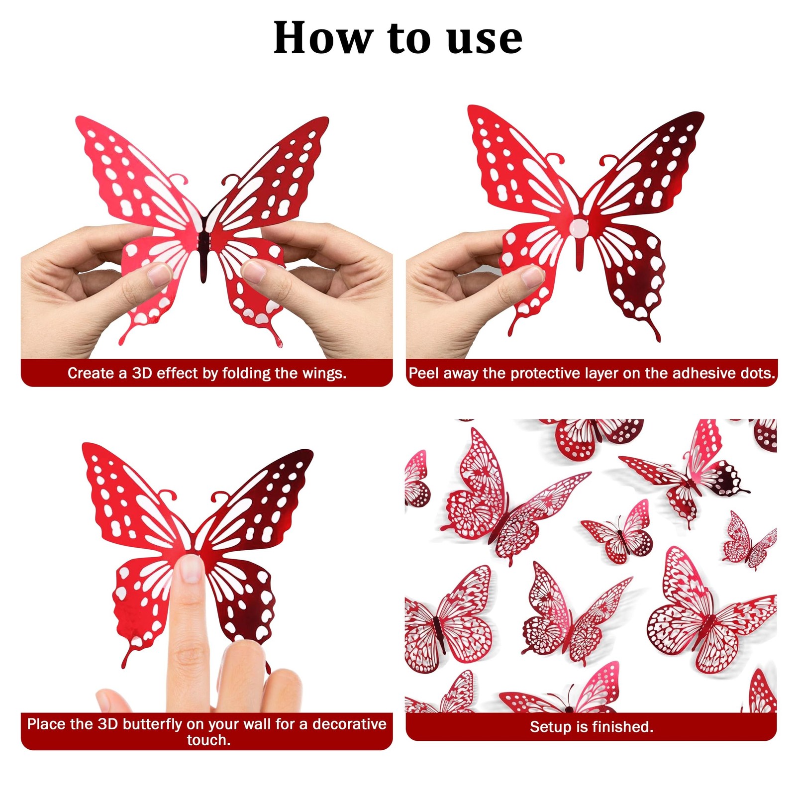 Red 3D Butterfly Wall Decor – 48 Pcs, 4 Styles, 3 Sizes, Red Butterfly Decora…