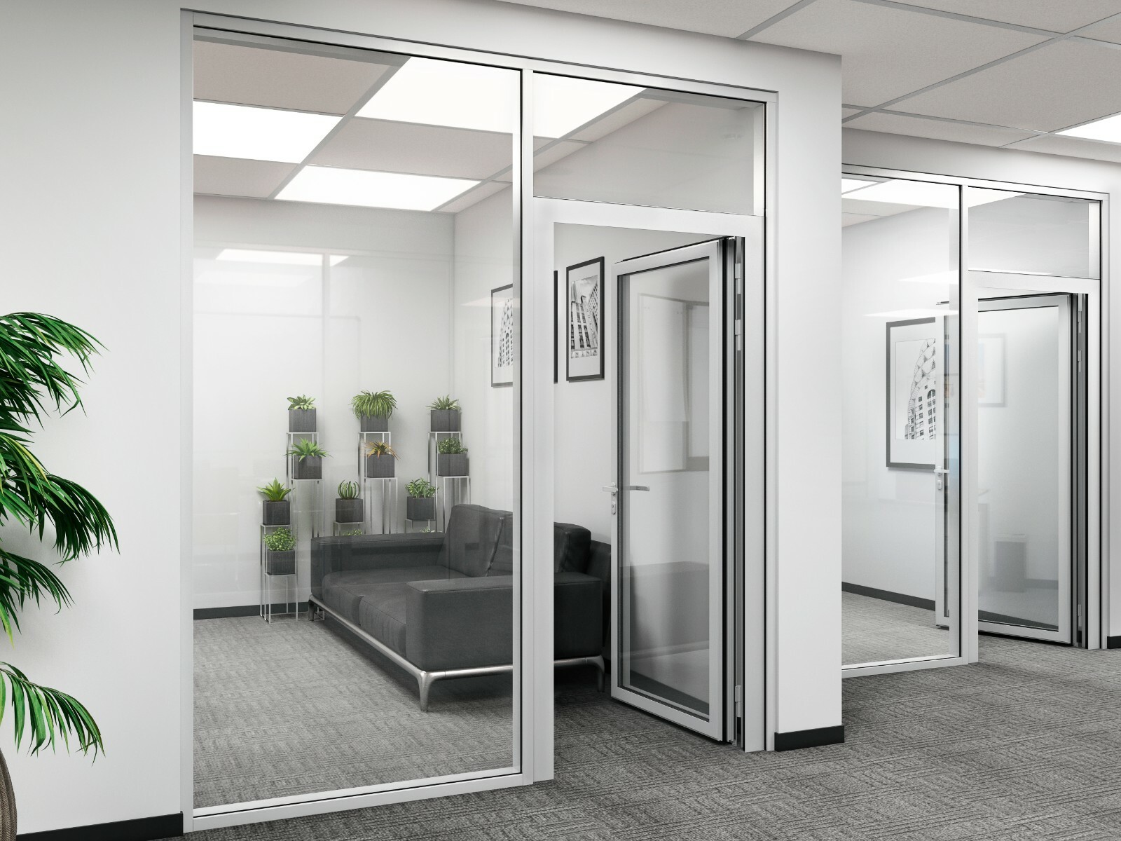 CGP Office Partition System, Glass Aluminum Wall 13′ x 9′ w/ Door Clear Anodized