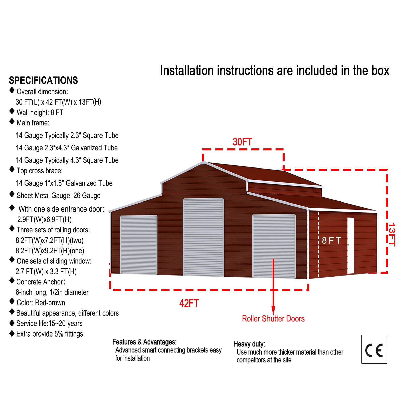 42’x30’x13′ Metal Garage Shed Barn Outdoor Storage Heavy Duty Galvanized Steel