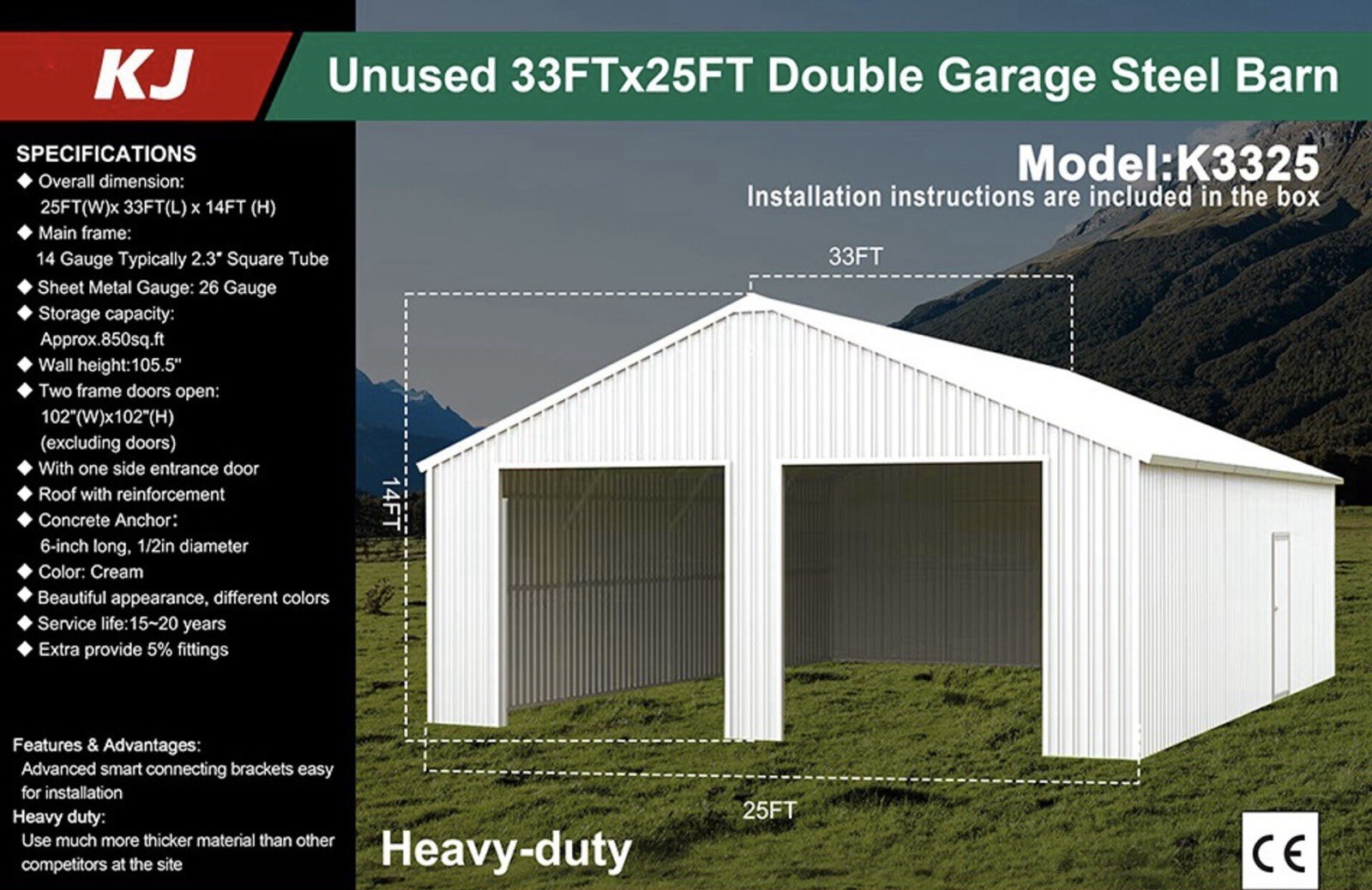 33 x 25 Car Garage / Outdoor Storage / Shed /Heavy Duty / Galvanized Steel