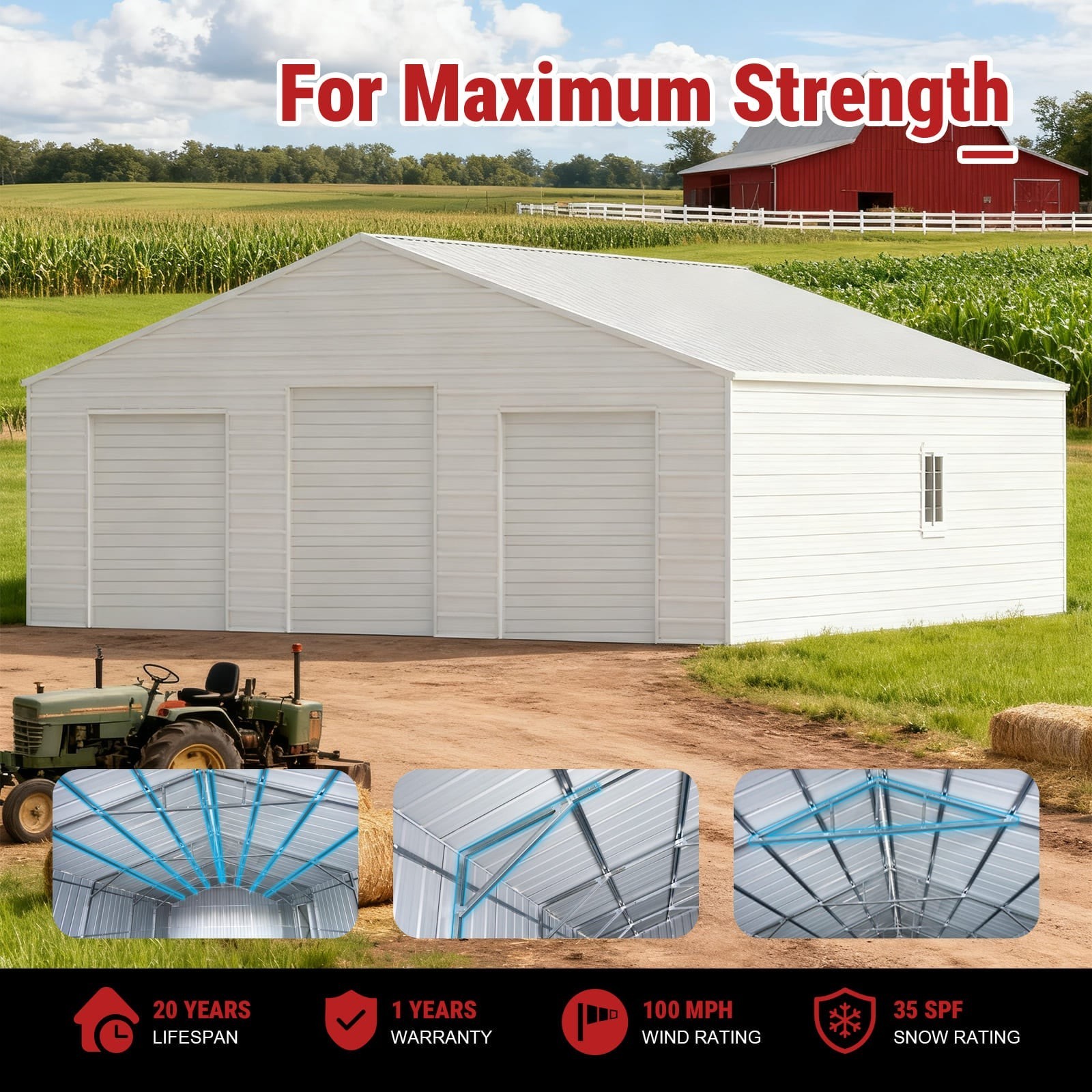 39x39x15 Metal Barn Garage Steel Building Workshop with 3 Doors Galvanized White