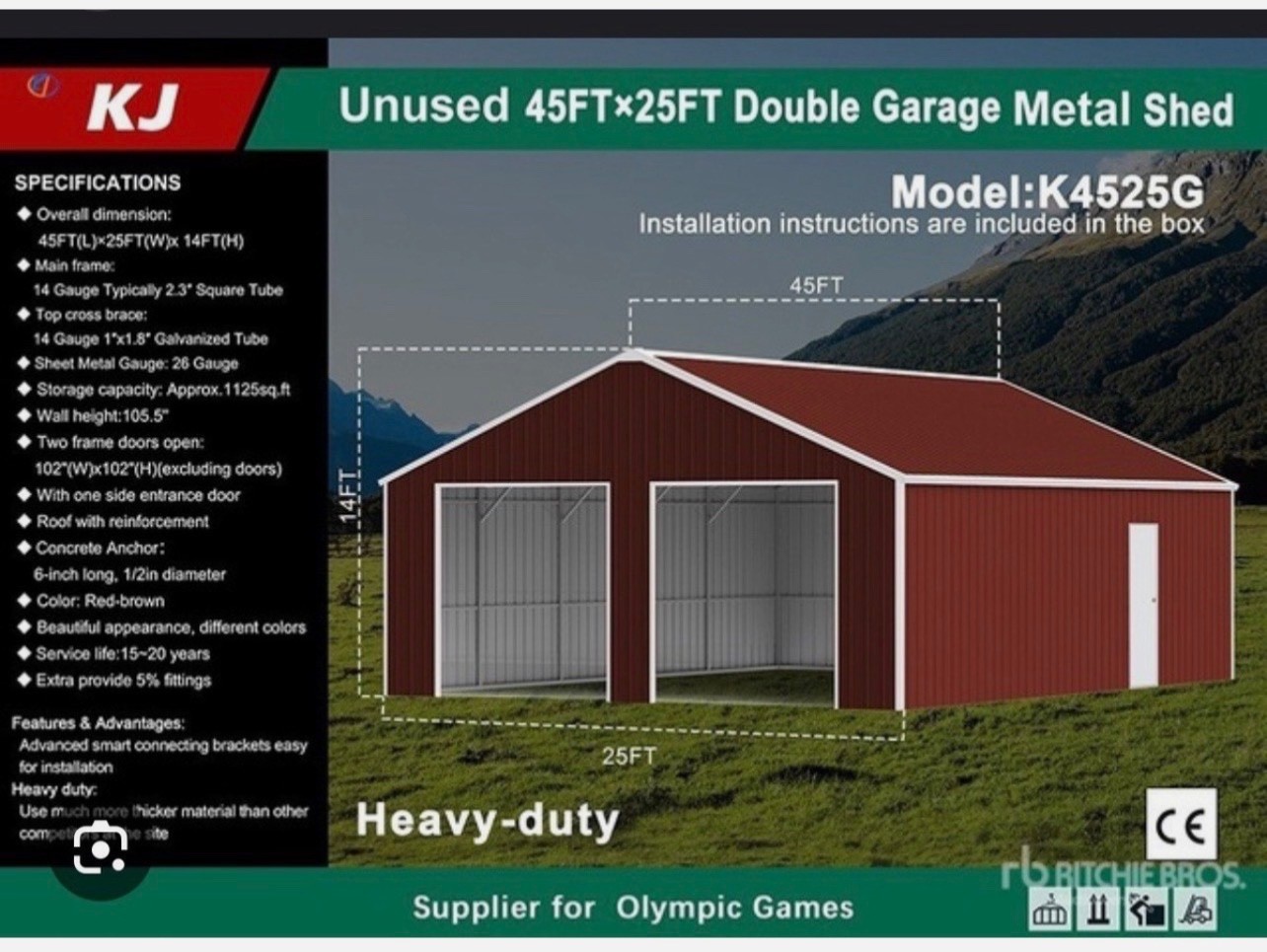 45′ x 25′ x Metal Car Garage/Outdoor Storage Shed Galvanized Steel Barn Dark-Red
