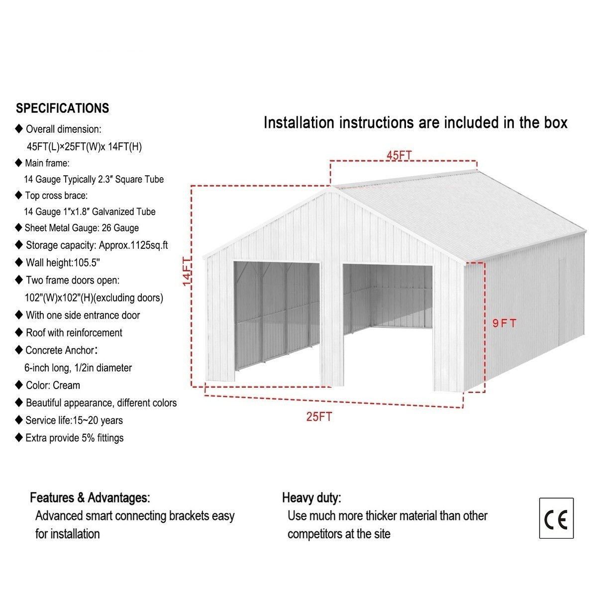 45′ x 25’x 14′ Metal Car Garage/Outdoor Storage Shed/Heavy Duty Galvanized Steel