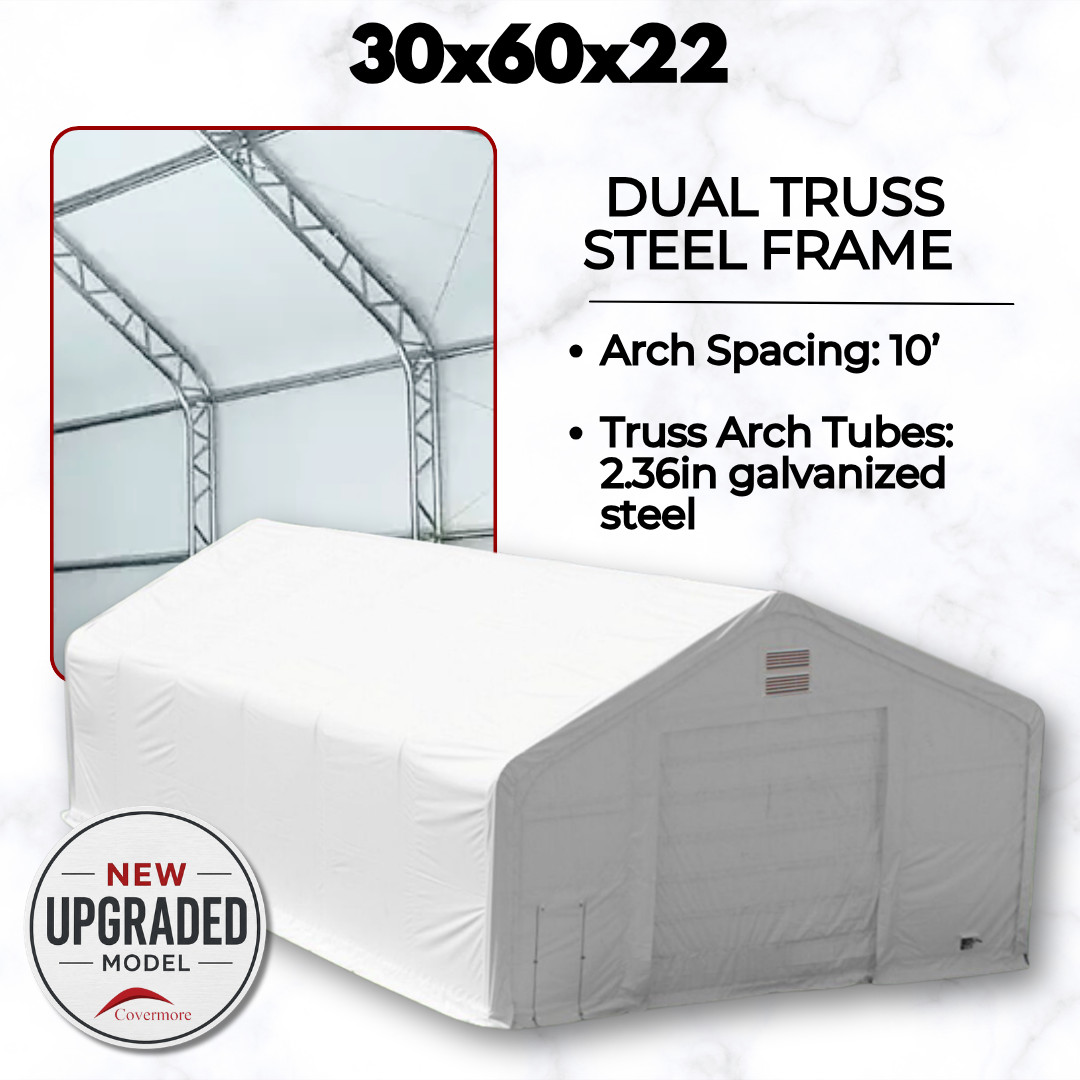 30’x60’x22′ HEAVY DUTY Dual Truss 30 oz PVC Fabric Storage Building