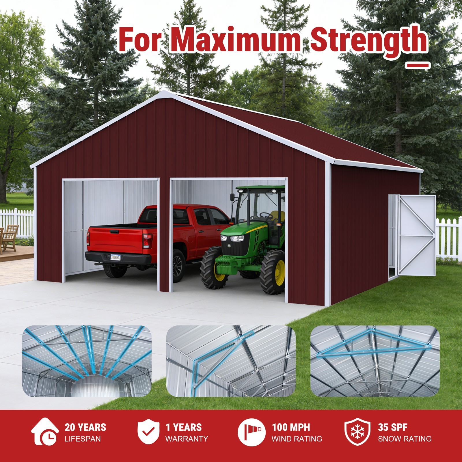 22′ x 23′ x 13′ Metal Car Garage/Outdoor Storage Shed Galvanized Steel Barn Red