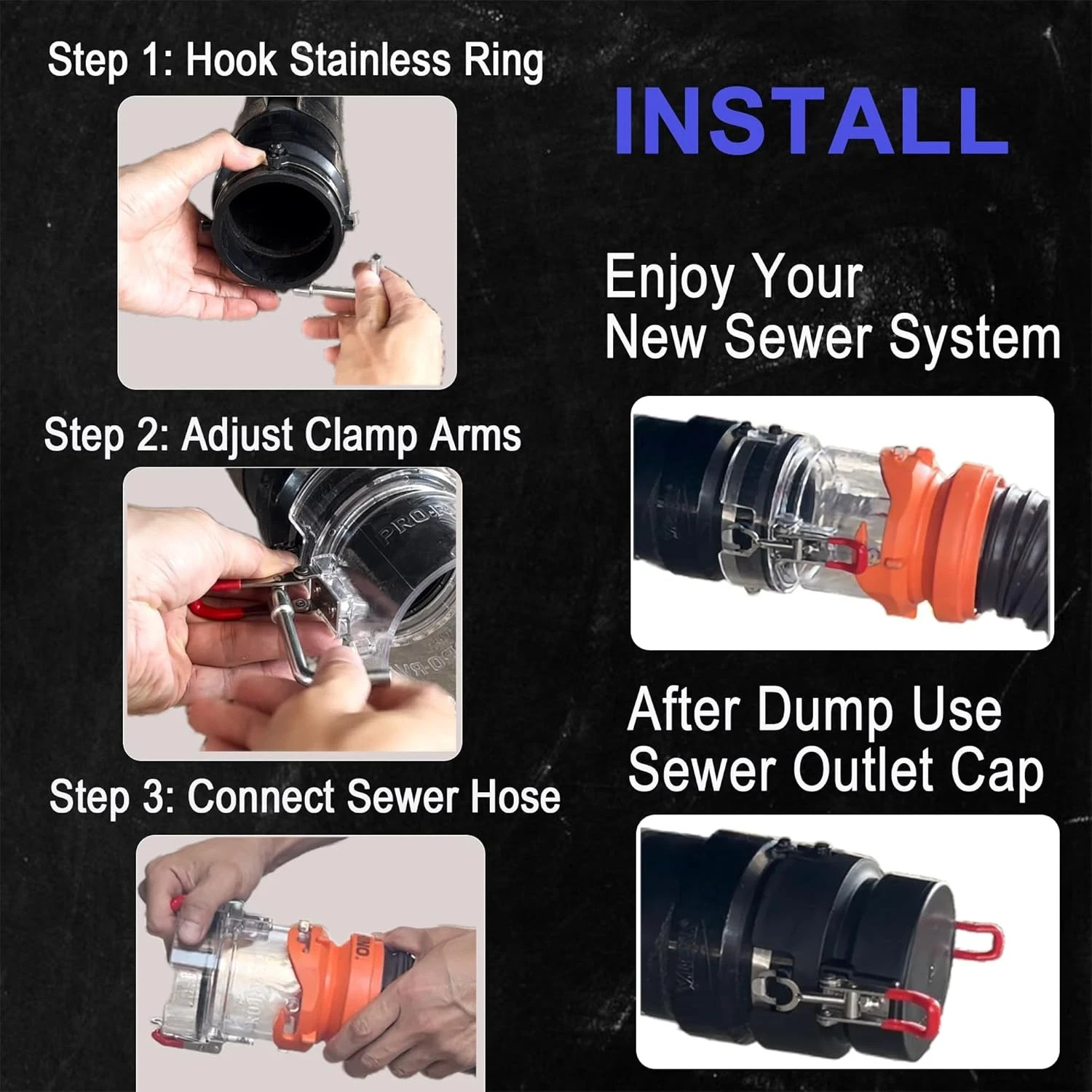 FULL SET RV Sewer Hose Connector – Patented Push-Lock + Clamp-Lock System, Leak-