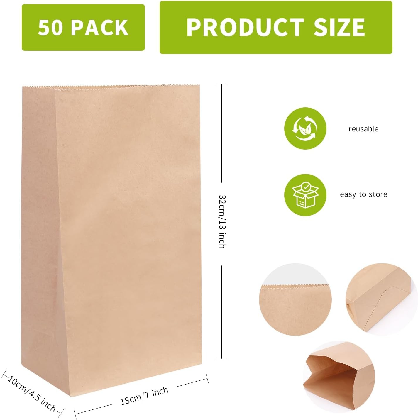 50 Pcs 12 Lb 13 x 7 x 4.5″ Brown Paper Lunch Bags Large Durable Paper Bags Bulk