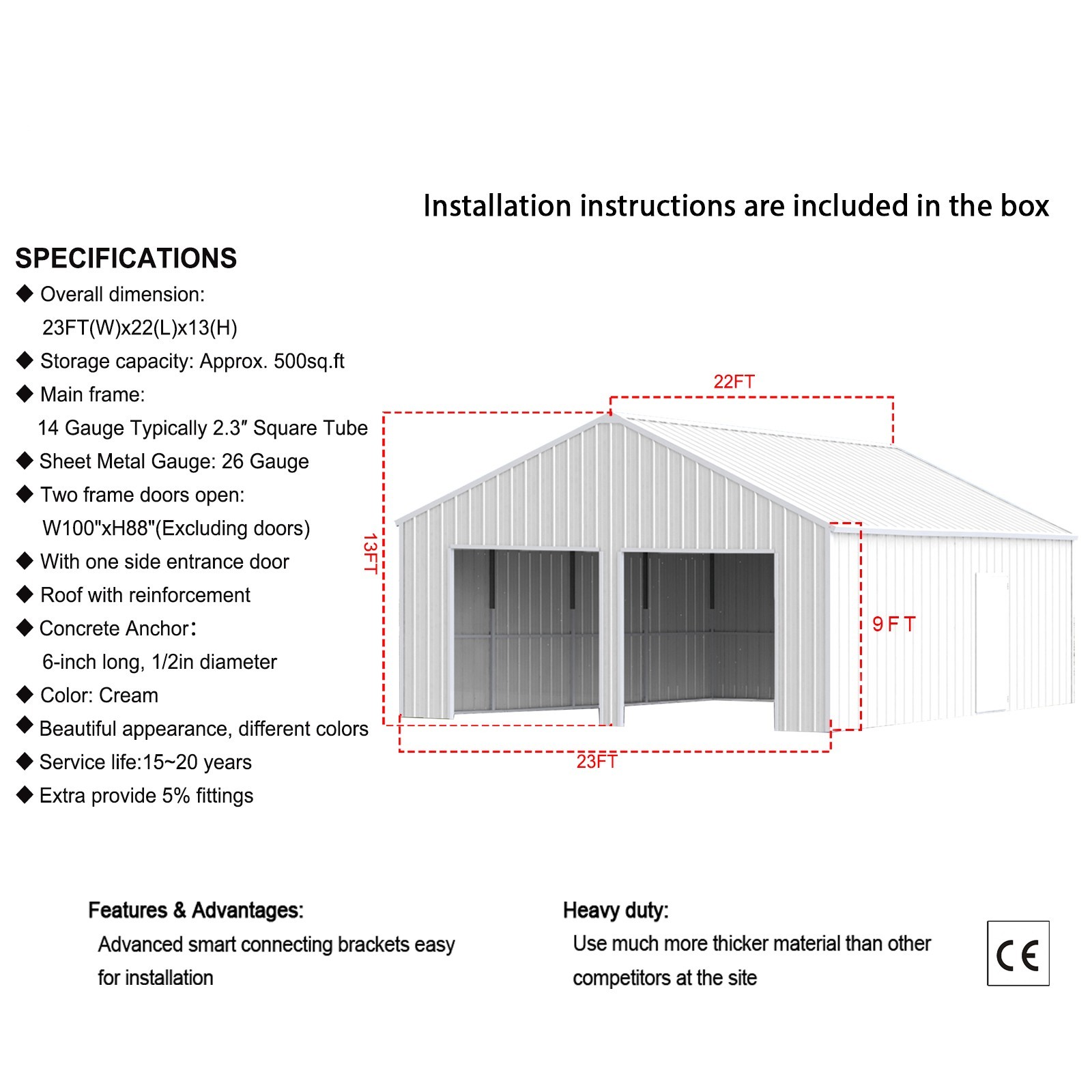 22′ x 23′ Double Garage Steel Barn Shed Outdoor Heavy Duty Carport Storage Shed
