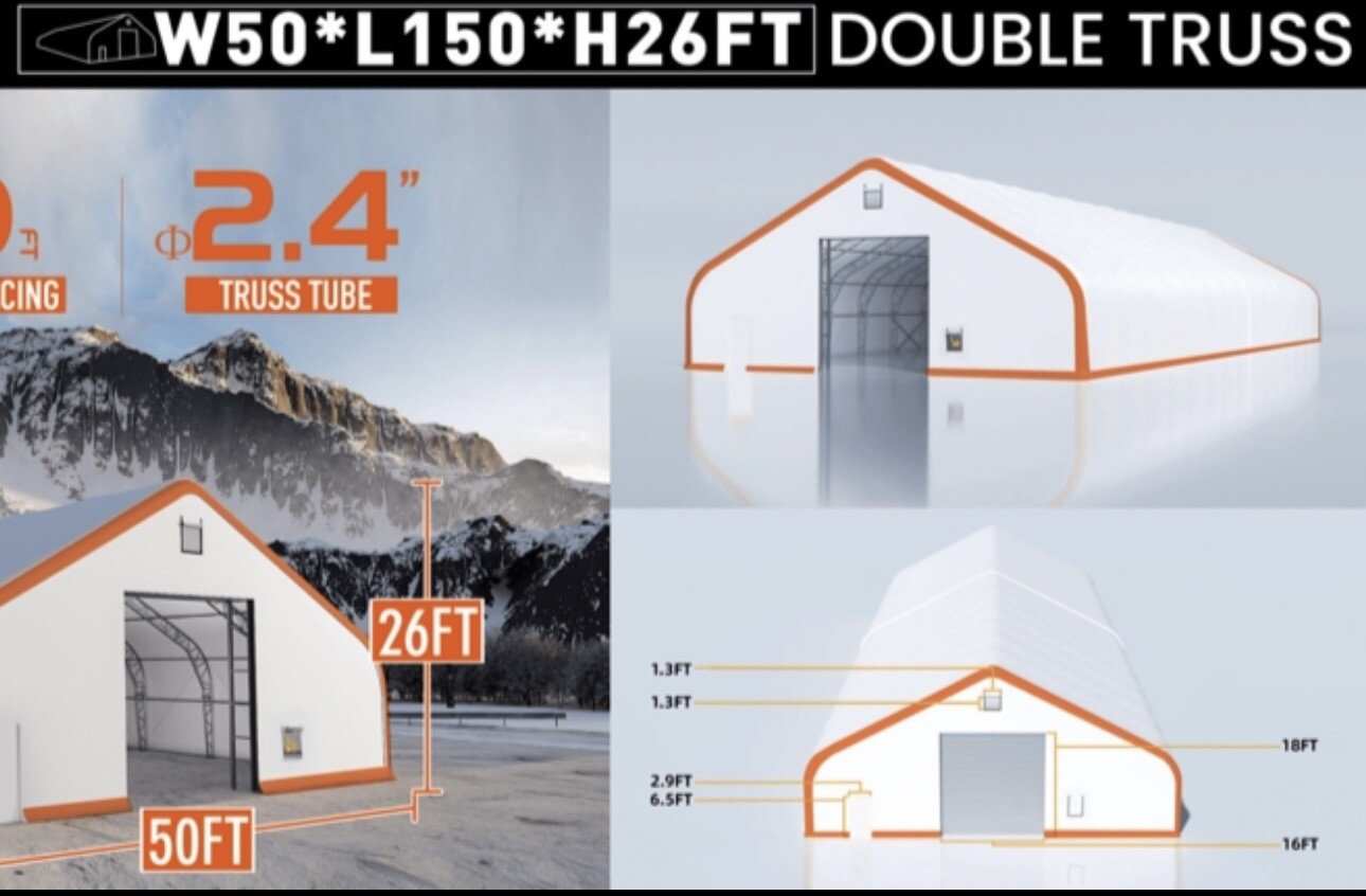 50x150x26 DUAL TRUSS *21oz PVC* Canvas Fabric Storage Building Shelter Barn Shop