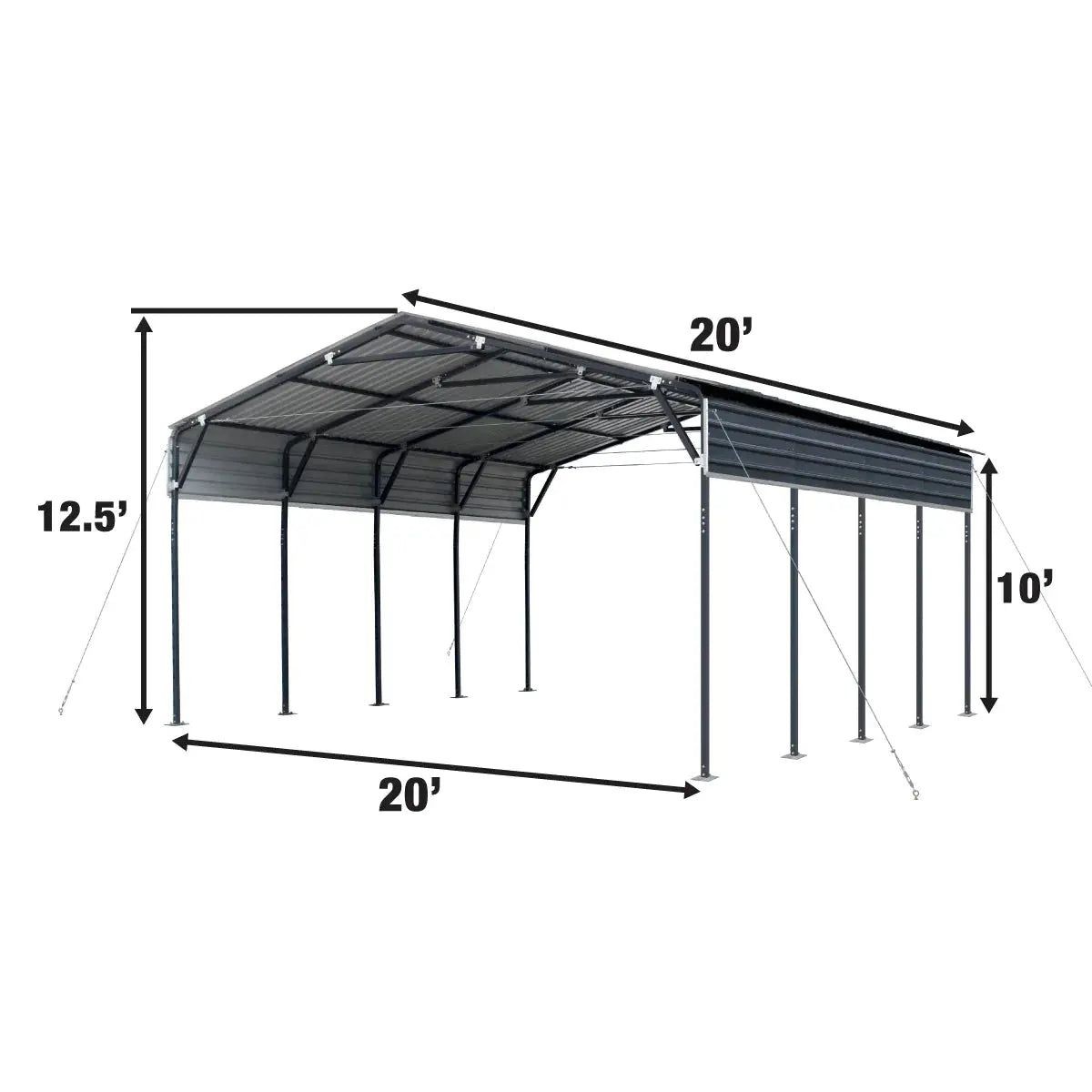 20x20ft Galvanized Carport, 400 sq ft, 10ft Open Side Walls, 27-gauge Roof