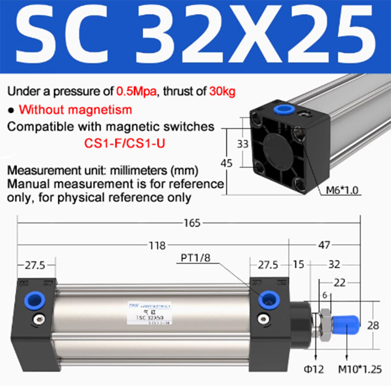 SC32mm Bore 25~200 Stroke Single Piston Rod Double Action Pneumatic Air Cylinder
