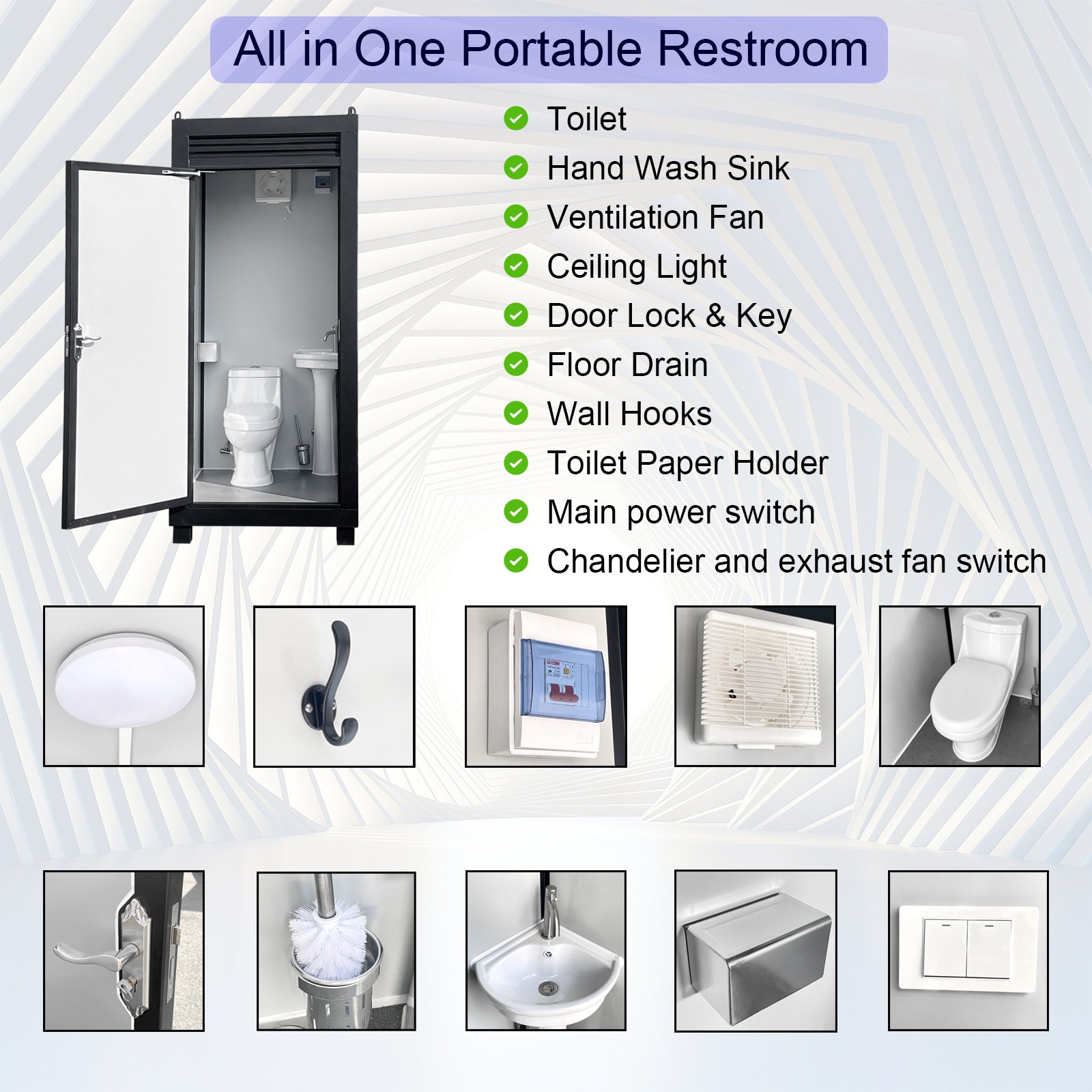 Person Portable Toilet Cabin Outdoor Restroom with Sink & Light Vent Fan Single