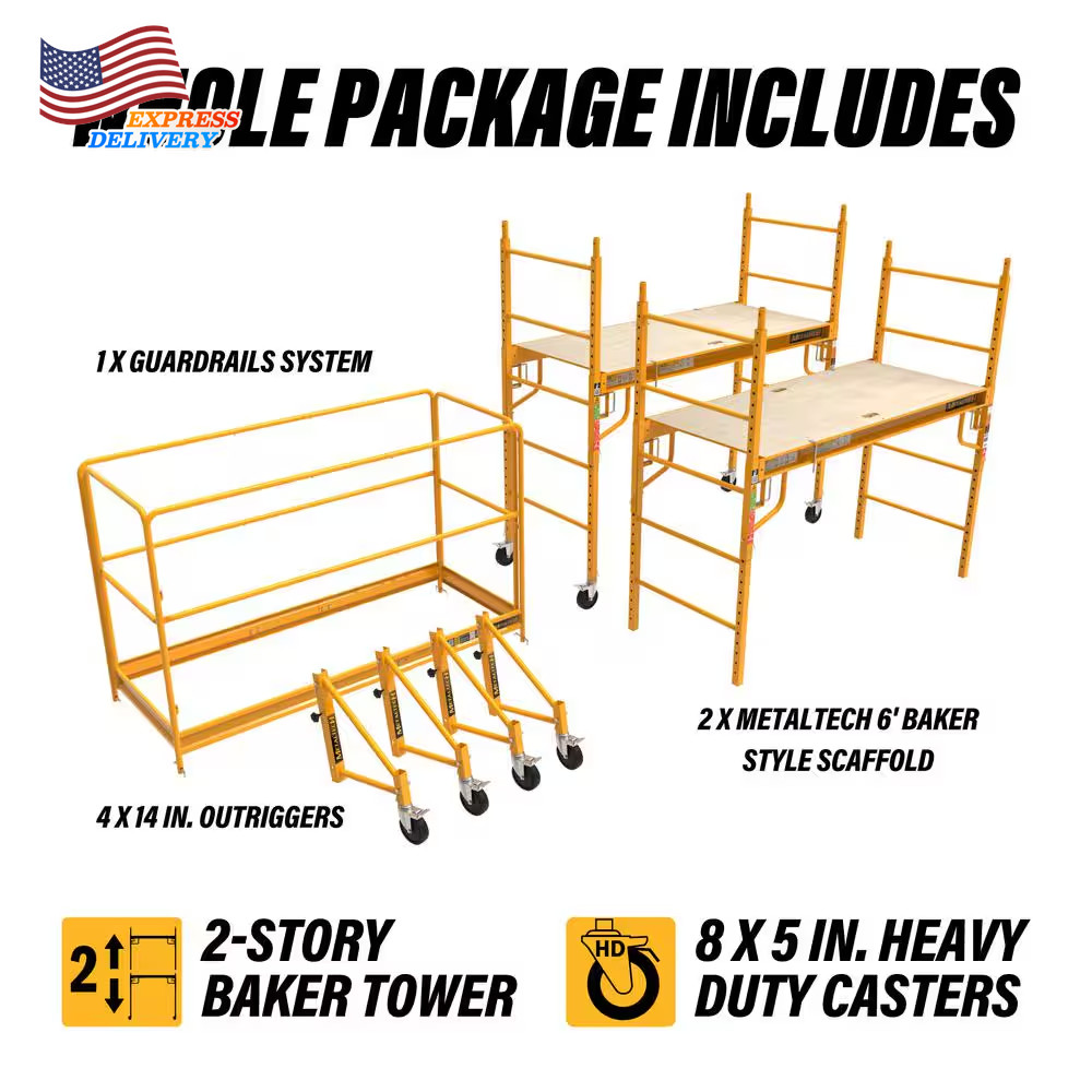 12 Ft Jobsite 2-Story Mobile Baker Scaffold Tower with Outriggers & Guard Rail
