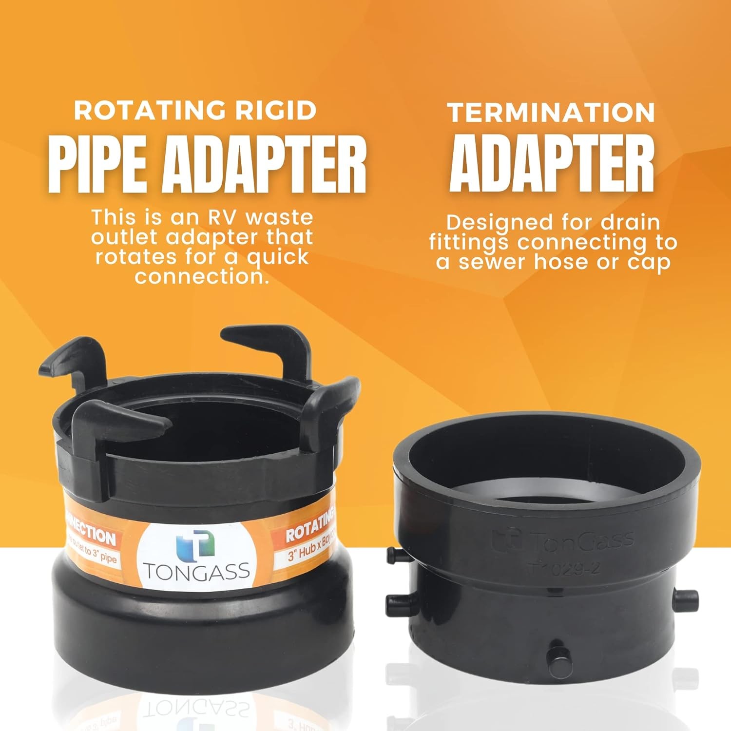 TonGass (Combo Pack) RV Sewer Hose Fitting Adapter to PVC, 3 inches, Black