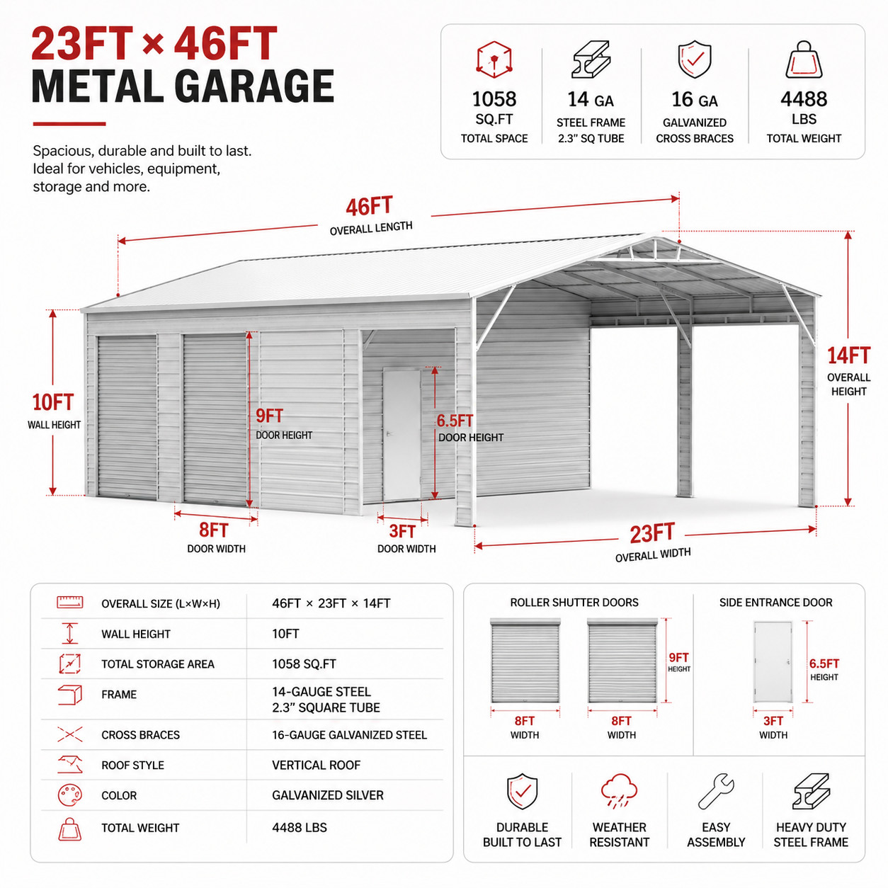 23x46FT Steel Garage Shed Building Metal Warehouse Storage w/ Roll Up Doors