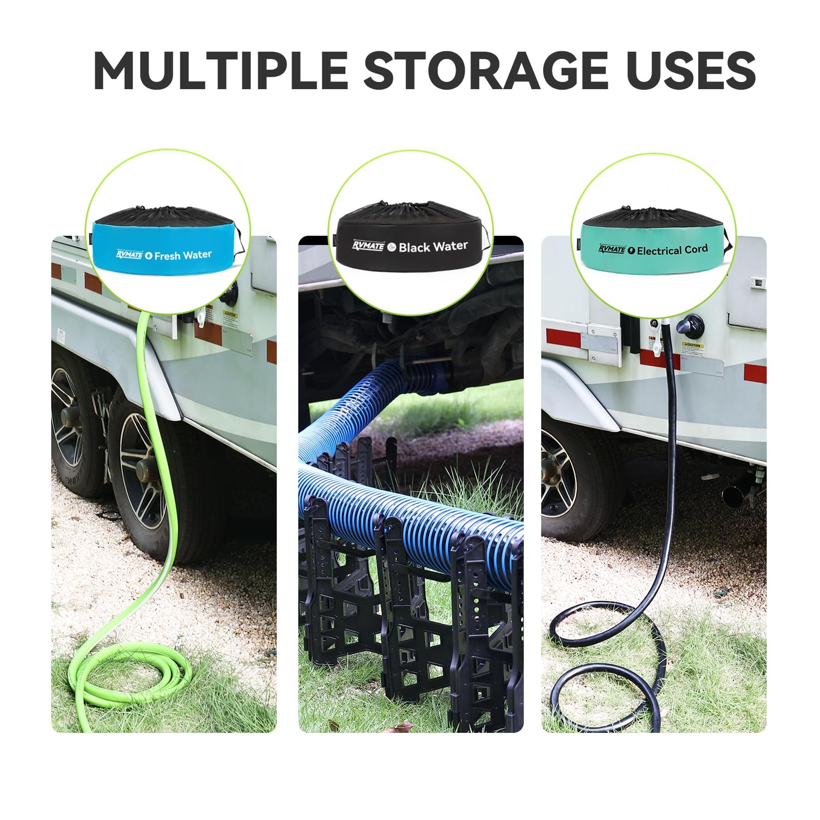RVMATE RV Hose Bags 3 Pack, Waterproof Storage 3-bag set, Black,Blue,Green