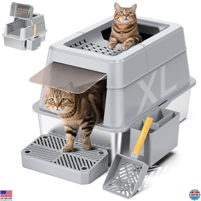Extra Large Stainless Steel Cat Litter Box with Lid – High-Sided, Covered Access
