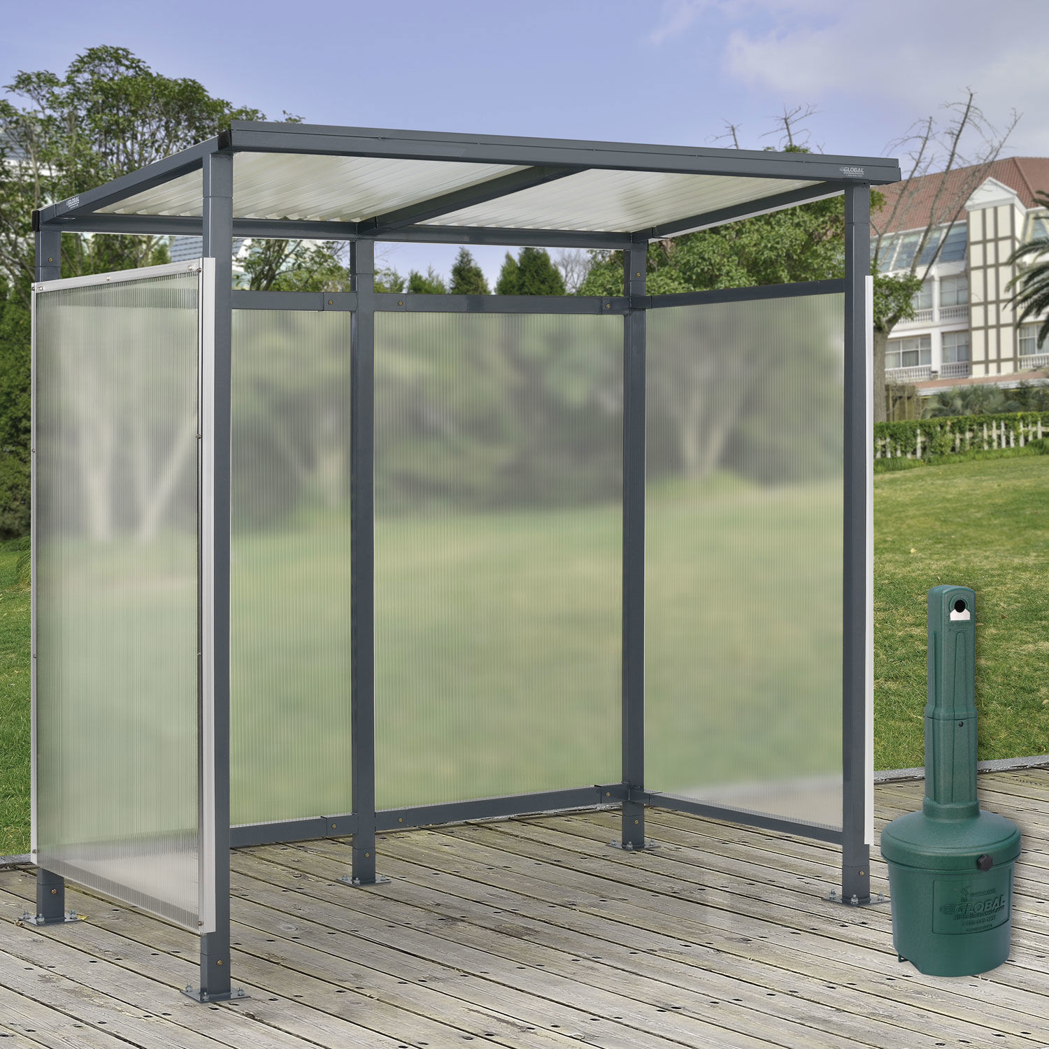 6’5″x3’8″x7′ Bus Smoking Shelter Flat Roof 3-Side Open Front W/Green 5 Gallon