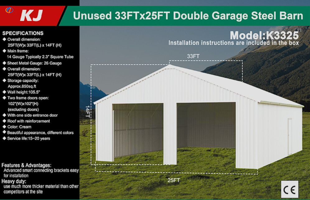 33′ x 25’x 14′ Metal Car Garage/Outdoor Storage Shed/Heavy Duty Galvanized Steel